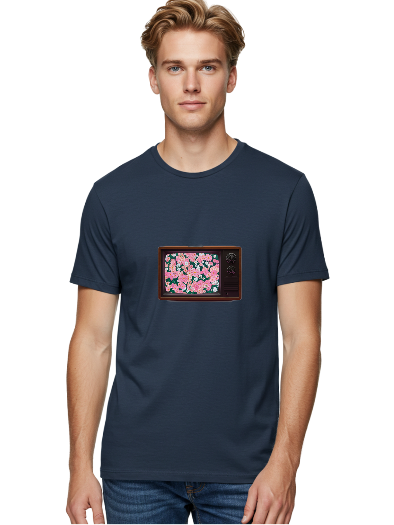 Retro-Tv-With-Flowers Men'S Graphic Tee, 100% Cotton, Comfortable Casual Summer Wear, Machine Washable, Vintage Camera, Old Camera, Antique Camera, Black Camera, Classic Photography, Photography Equipment, Nostalgic Device, Film Camera, Bal229 20
