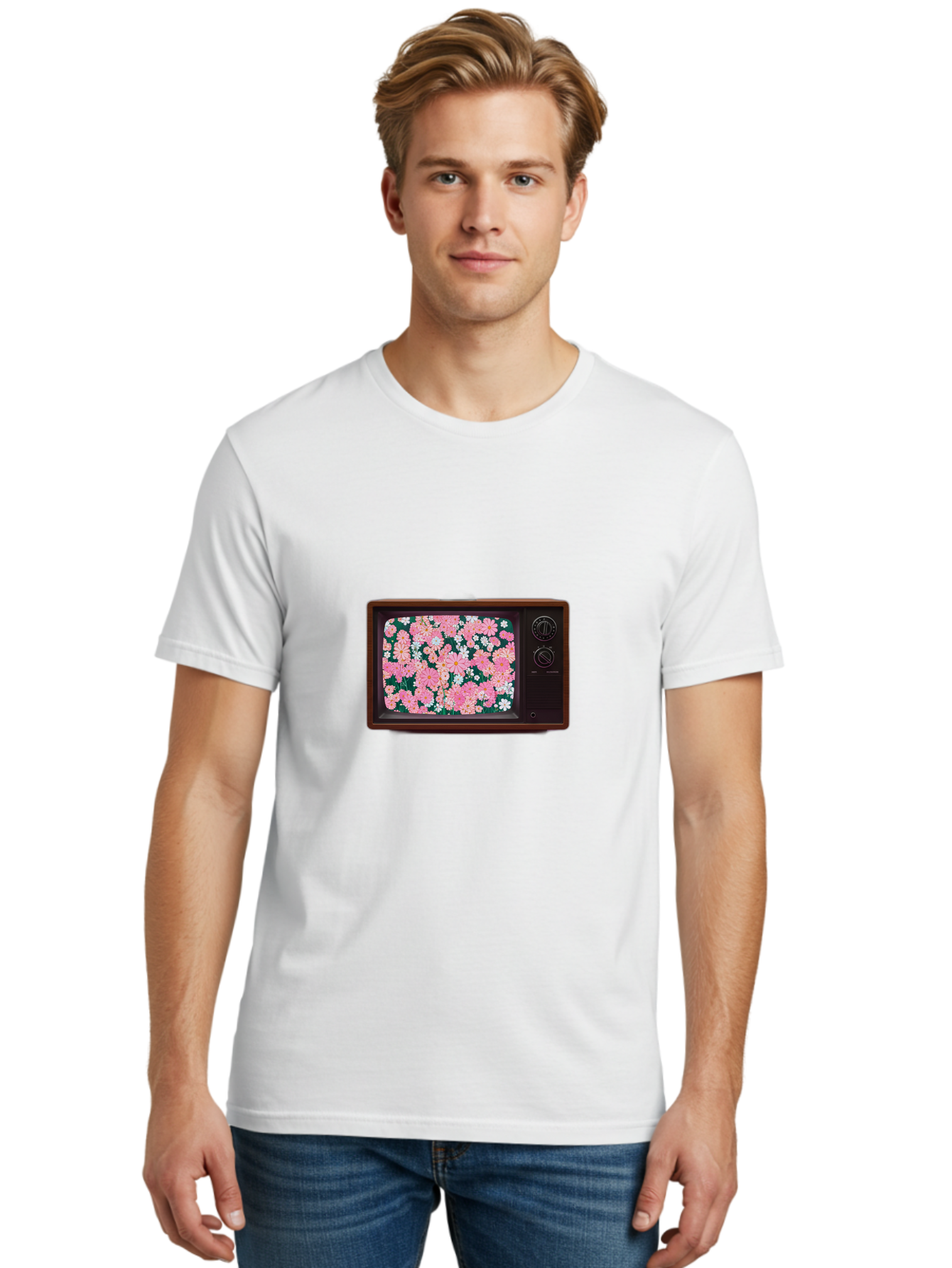 Retro-Tv-With-Flowers Men'S Graphic Tee, 100% Cotton, Comfortable Casual Summer Wear, Machine Washable, Vintage Camera, Old Camera, Antique Camera, Black Camera, Classic Photography, Photography Equipment, Nostalgic Device, Film Camera, Bal229 29
