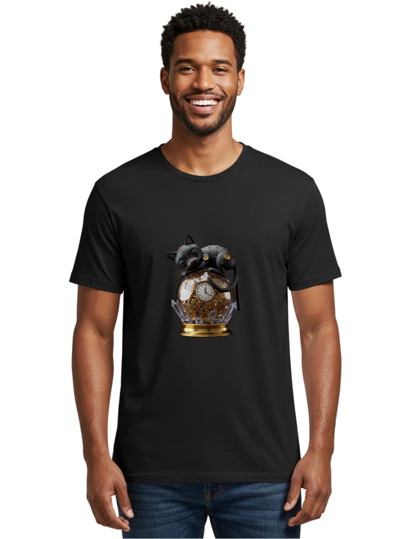 Steampunk-Cat-Clock Men'S Graphic Tee, 100% Cotton, Comfortable Casual Summer Wear, Machine Washable, Vintage Camera, Old Camera, Antique Camera, Black Camera, Classic Photography, Photography Equipment, Nostalgic Device, Film Camera, Bal409 16