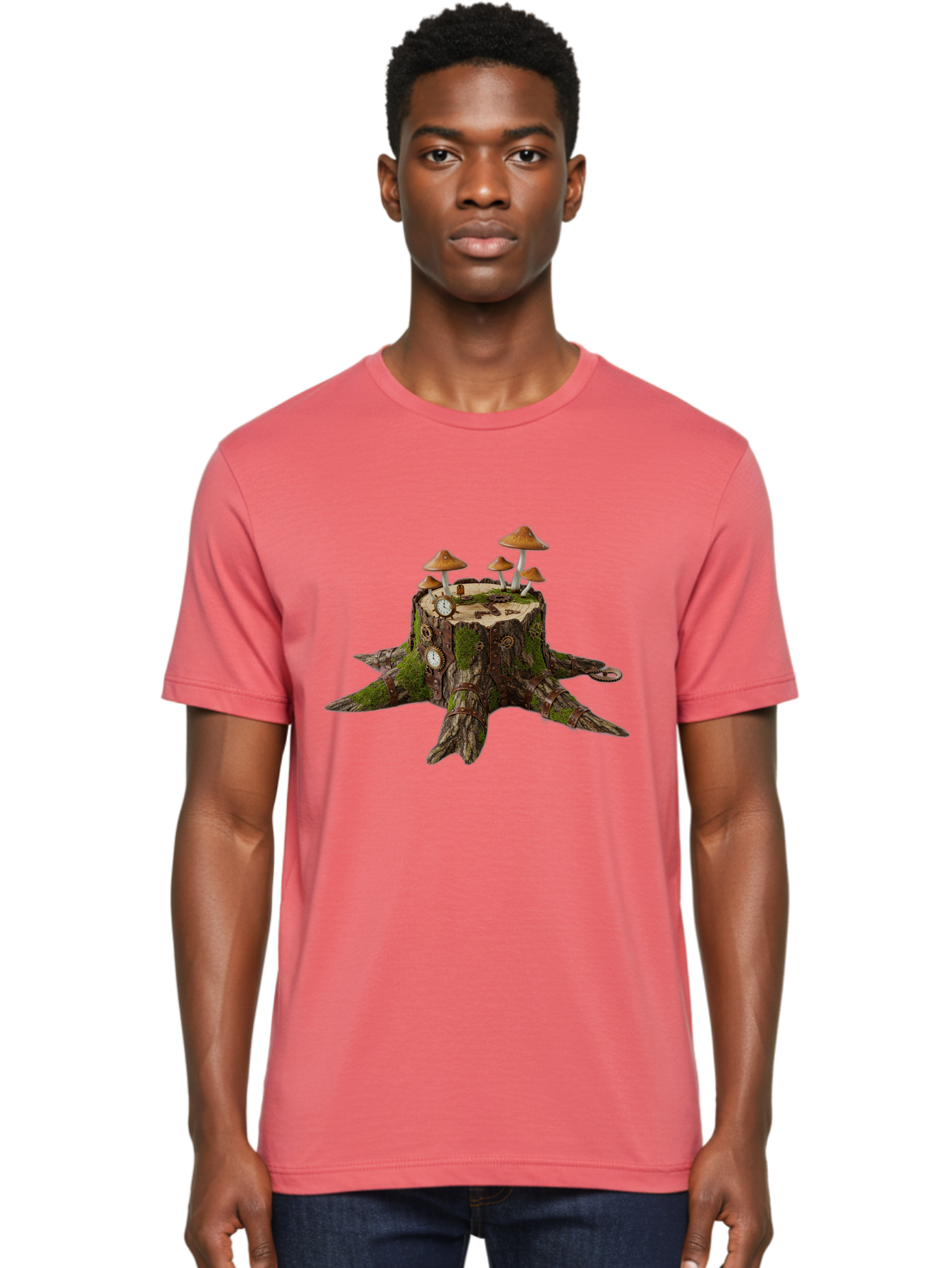 Tree-Stump-With-Mushrooms-2 Men'S Graphic Tee, 100% Cotton, Comfortable Casual Summer Wear, Machine Washable, Vintage Camera, Old Camera, Antique Camera, Black Camera, Classic Photography, Photography Equipment, Nostalgic Device, Film Camera, Bal505 23