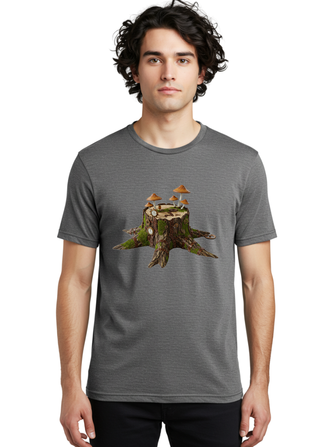 Tree-Stump-With-Mushrooms-2 Men'S Graphic Tee, 100% Cotton, Comfortable Casual Summer Wear, Machine Washable, Vintage Camera, Old Camera, Antique Camera, Black Camera, Classic Photography, Photography Equipment, Nostalgic Device, Film Camera, Bal505 20
