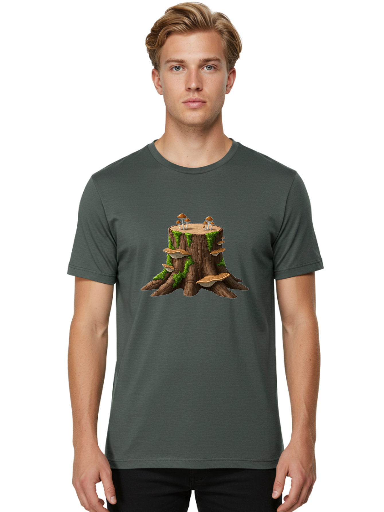 Tree-Stump-With-Mushrooms-3 Men'S Graphic Tee, 100% Cotton, Comfortable Casual Summer Wear, Machine Washable, Vintage Camera, Old Camera, Antique Camera, Black Camera, Classic Photography, Photography Equipment, Nostalgic Device, Film Camera, Bal506 25