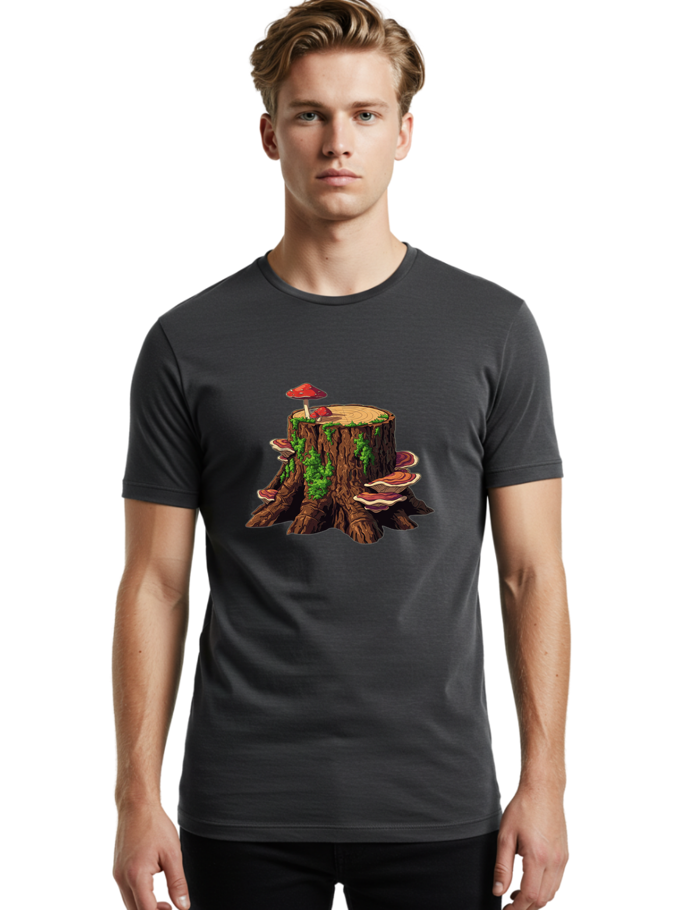 Tree-Stump-With-Mushrooms-4 Men'S Graphic Tee, 100% Cotton, Comfortable Casual Summer Wear, Machine Washable, Vintage Camera, Old Camera, Antique Camera, Black Camera, Classic Photography, Photography Equipment, Nostalgic Device, Film Camera, Bal507 24