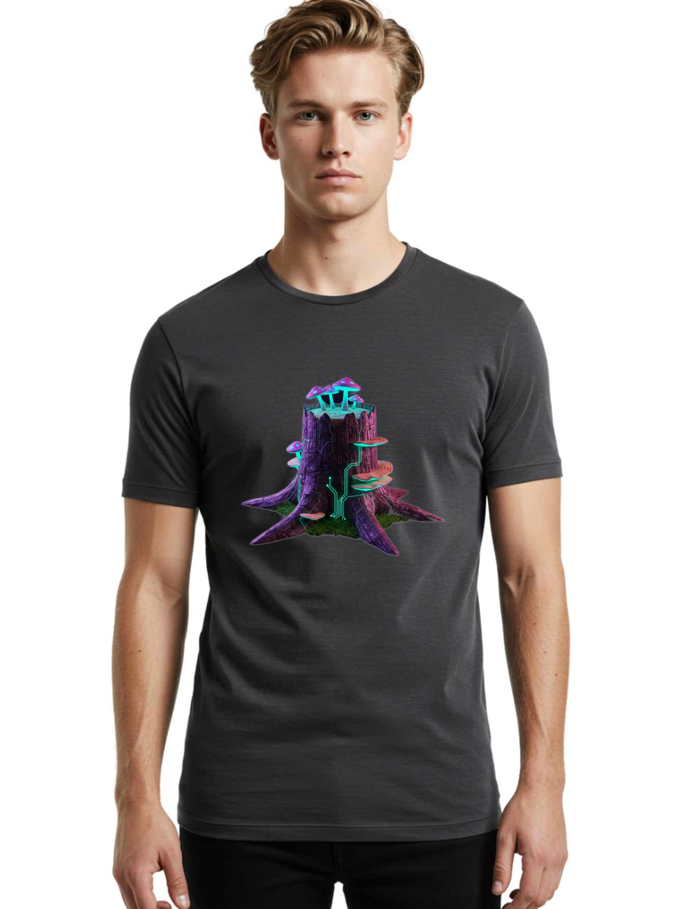 Tree-Stump-With-Mushrooms-And-Circuitry Men'S Graphic Tee, 100% Cotton, Comfortable Casual Summer Wear, Machine Washable, Vintage Camera, Old Camera, Antique Camera, Black Camera, Classic Photography, Photography Equipment, Nostalgic Device, Bal508 25