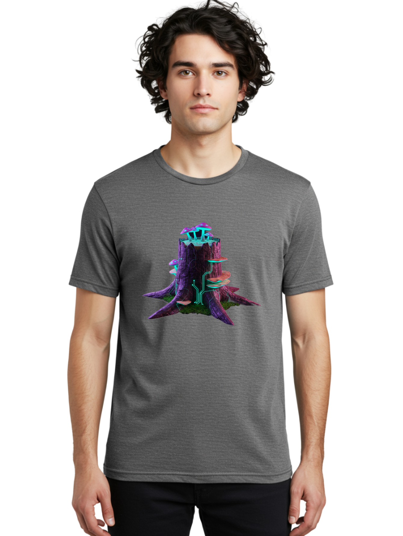 Tree-Stump-With-Mushrooms-And-Circuitry Men'S Graphic Tee, 100% Cotton, Comfortable Casual Summer Wear, Machine Washable, Vintage Camera, Old Camera, Antique Camera, Black Camera, Classic Photography, Photography Equipment, Nostalgic Device, Bal508 24