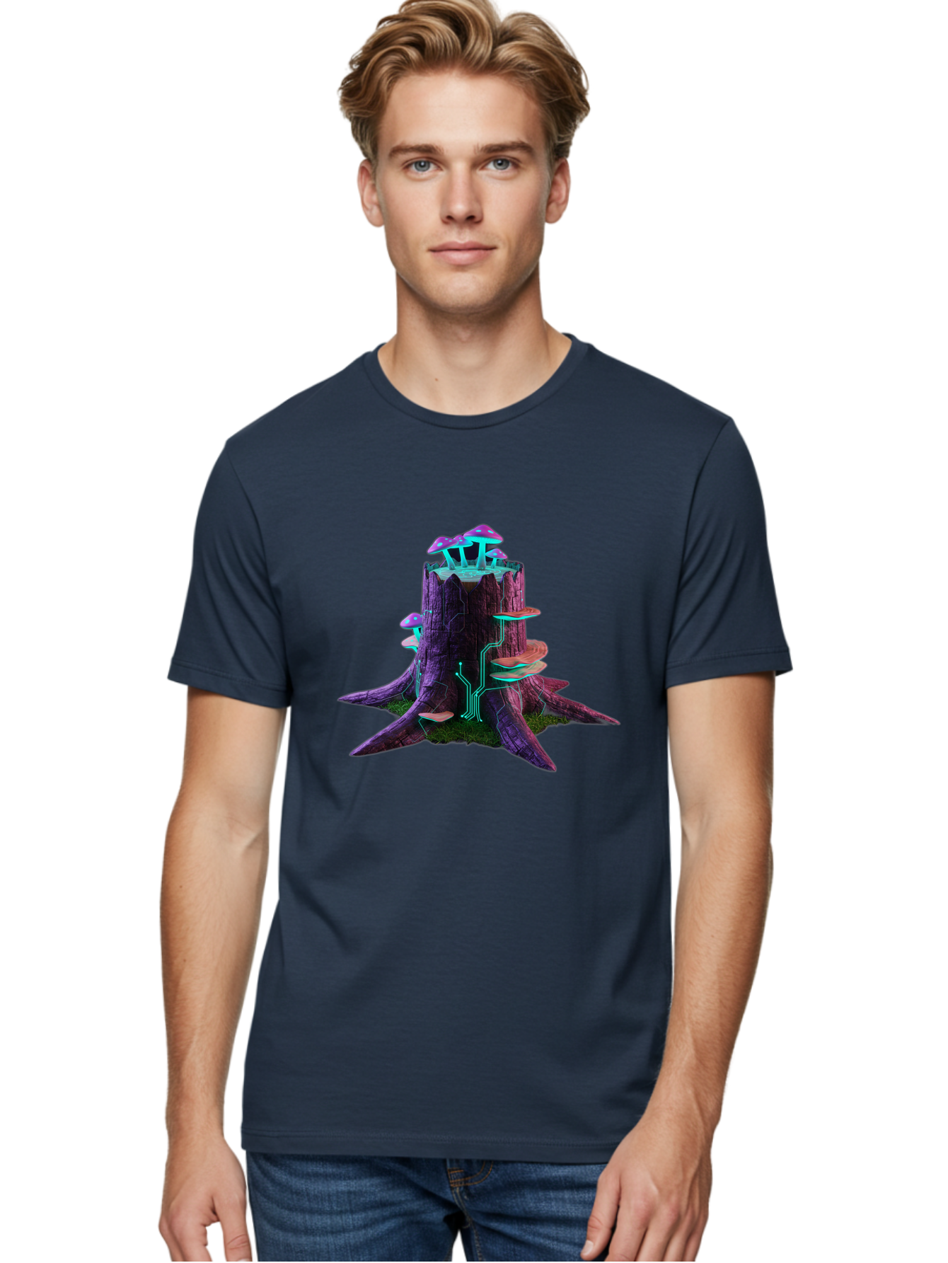 Tree-Stump-With-Mushrooms-And-Circuitry Men'S Graphic Tee, 100% Cotton, Comfortable Casual Summer Wear, Machine Washable, Vintage Camera, Old Camera, Antique Camera, Black Camera, Classic Photography, Photography Equipment, Nostalgic Device, Bal508 17