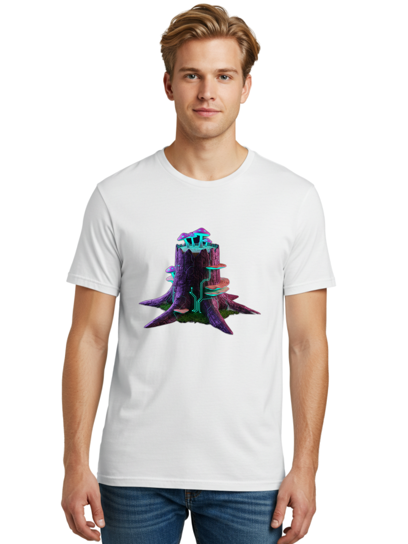 Tree-Stump-With-Mushrooms-And-Circuitry Men'S Graphic Tee, 100% Cotton, Comfortable Casual Summer Wear, Machine Washable, Vintage Camera, Old Camera, Antique Camera, Black Camera, Classic Photography, Photography Equipment, Nostalgic Device, Bal508 29