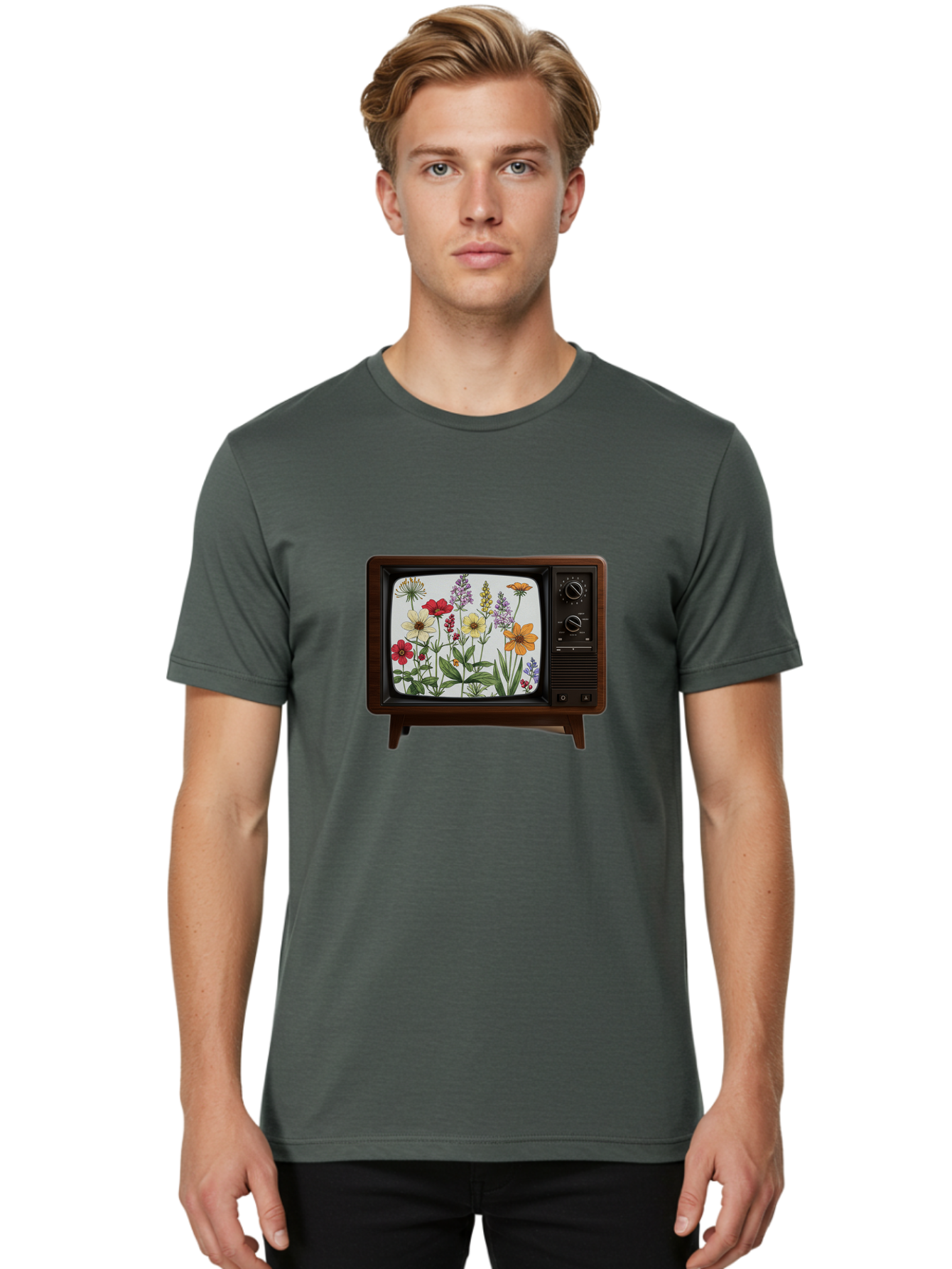 Tv-With-Flowers Men'S Graphic Tee, 100% Cotton, Comfortable Casual Summer Wear, Machine Washable, Vintage Camera, Old Camera, Antique Camera, Black Camera, Classic Photography, Photography Equipment, Nostalgic Device, Film Camera, Camera Art Bal516 20