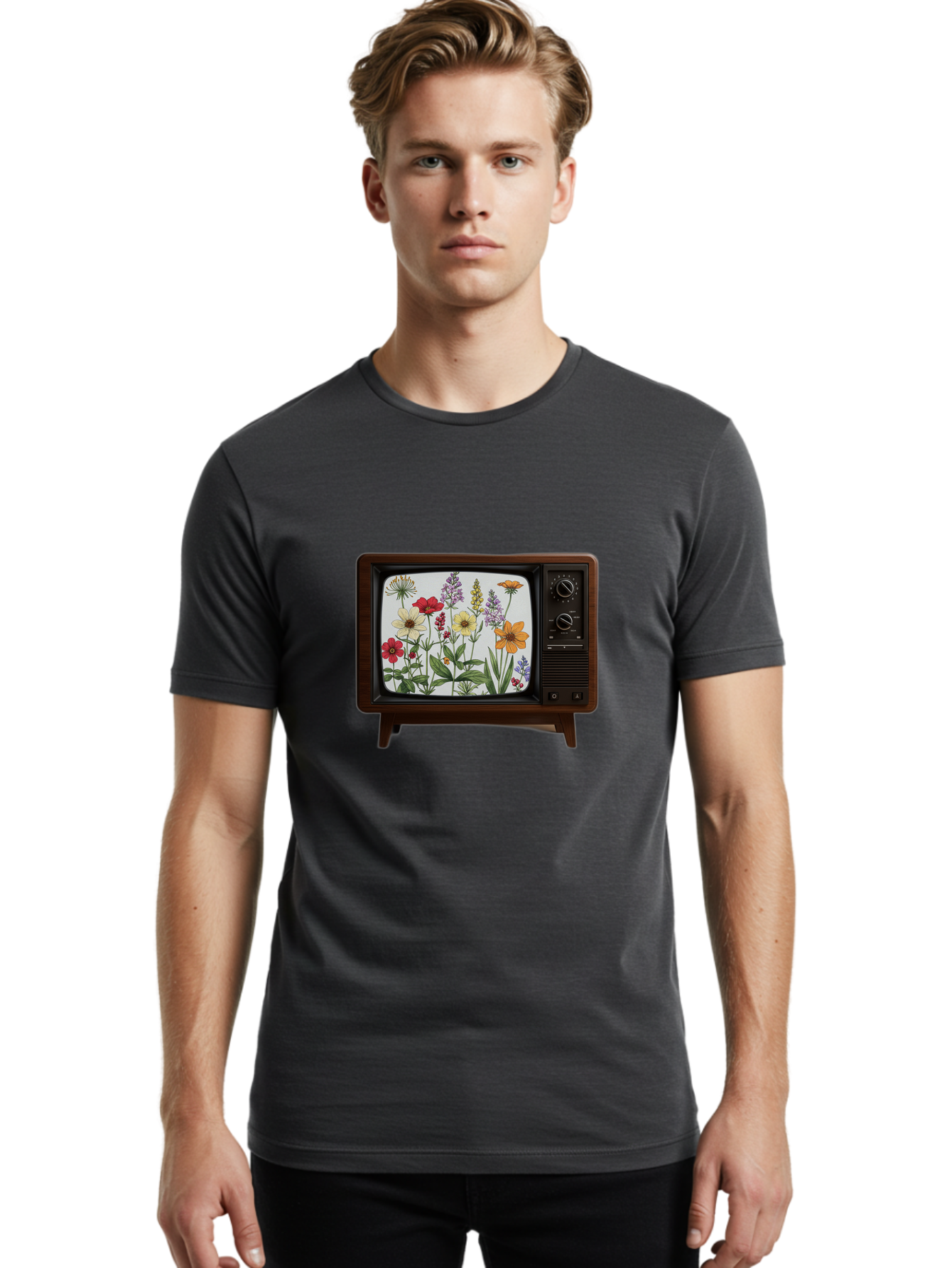 Tv-With-Flowers Men'S Graphic Tee, 100% Cotton, Comfortable Casual Summer Wear, Machine Washable, Vintage Camera, Old Camera, Antique Camera, Black Camera, Classic Photography, Photography Equipment, Nostalgic Device, Film Camera, Camera Art Bal516 21