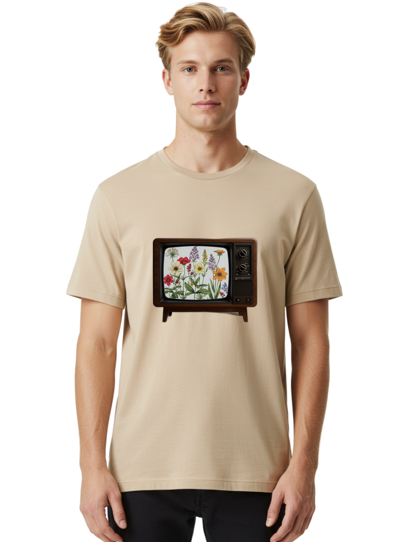 Tv-With-Flowers Men'S Graphic Tee, 100% Cotton, Comfortable Casual Summer Wear, Machine Washable, Vintage Camera, Old Camera, Antique Camera, Black Camera, Classic Photography, Photography Equipment, Nostalgic Device, Film Camera, Camera Art Bal516 25