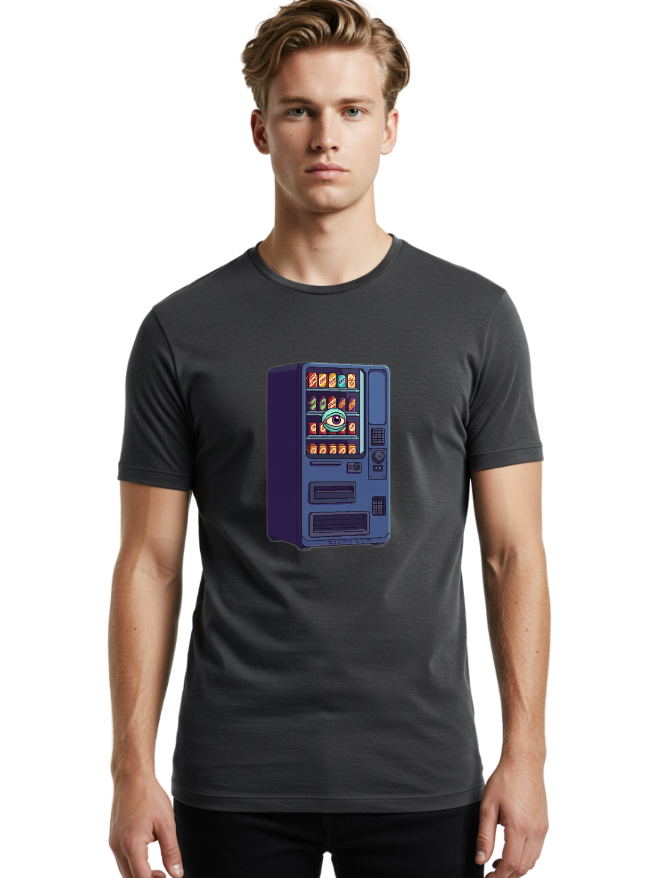 Vending-Machine-With-Eye Men'S Graphic Tee, 100% Cotton, Comfortable Casual Summer Wear, Machine Washable, Vintage Camera, Old Camera, Antique Camera, Black Camera, Classic Photography, Photography Equipment, Nostalgic Device, Film Camera, Bal565 19