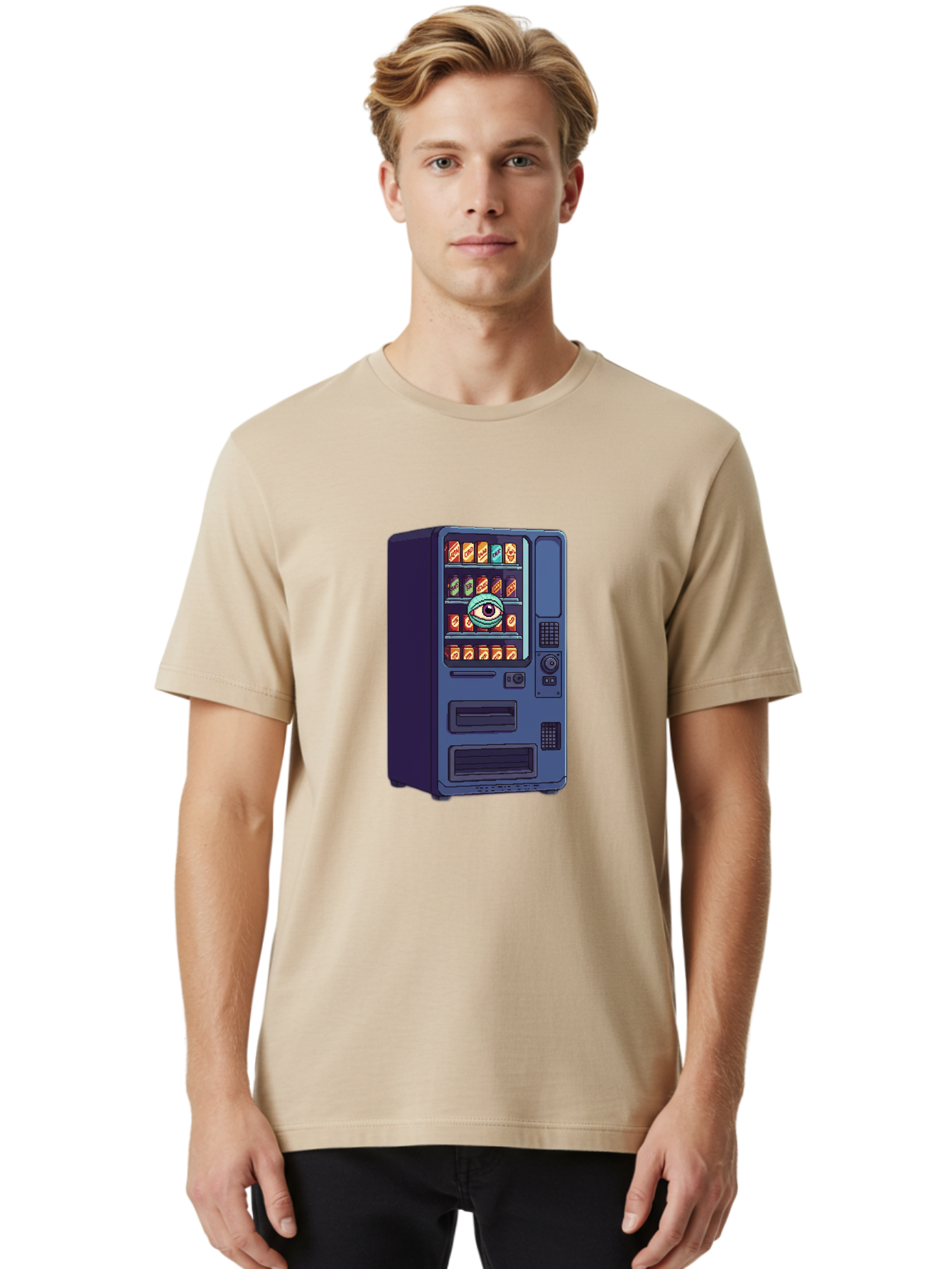 Vending-Machine-With-Eye Men'S Graphic Tee, 100% Cotton, Comfortable Casual Summer Wear, Machine Washable, Vintage Camera, Old Camera, Antique Camera, Black Camera, Classic Photography, Photography Equipment, Nostalgic Device, Film Camera, Bal565 30