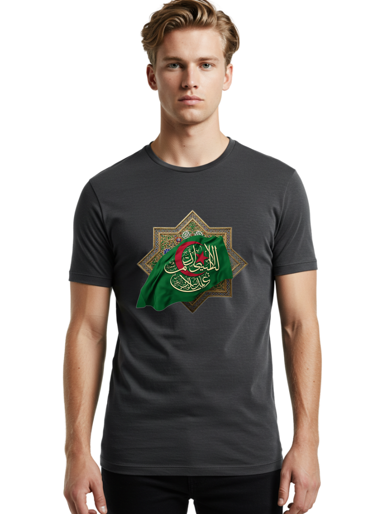 Algerian-Flag-With-Arabic-Calligraphy Men'S Graphic Tee, 100% Cotton, Comfortable Casual Summer Wear, Machine Washable, Vintage Camera, Old Camera, Antique Camera, Black Camera, Classic Photography, Photography Equipment, Nostalgic Device, Bal683 29