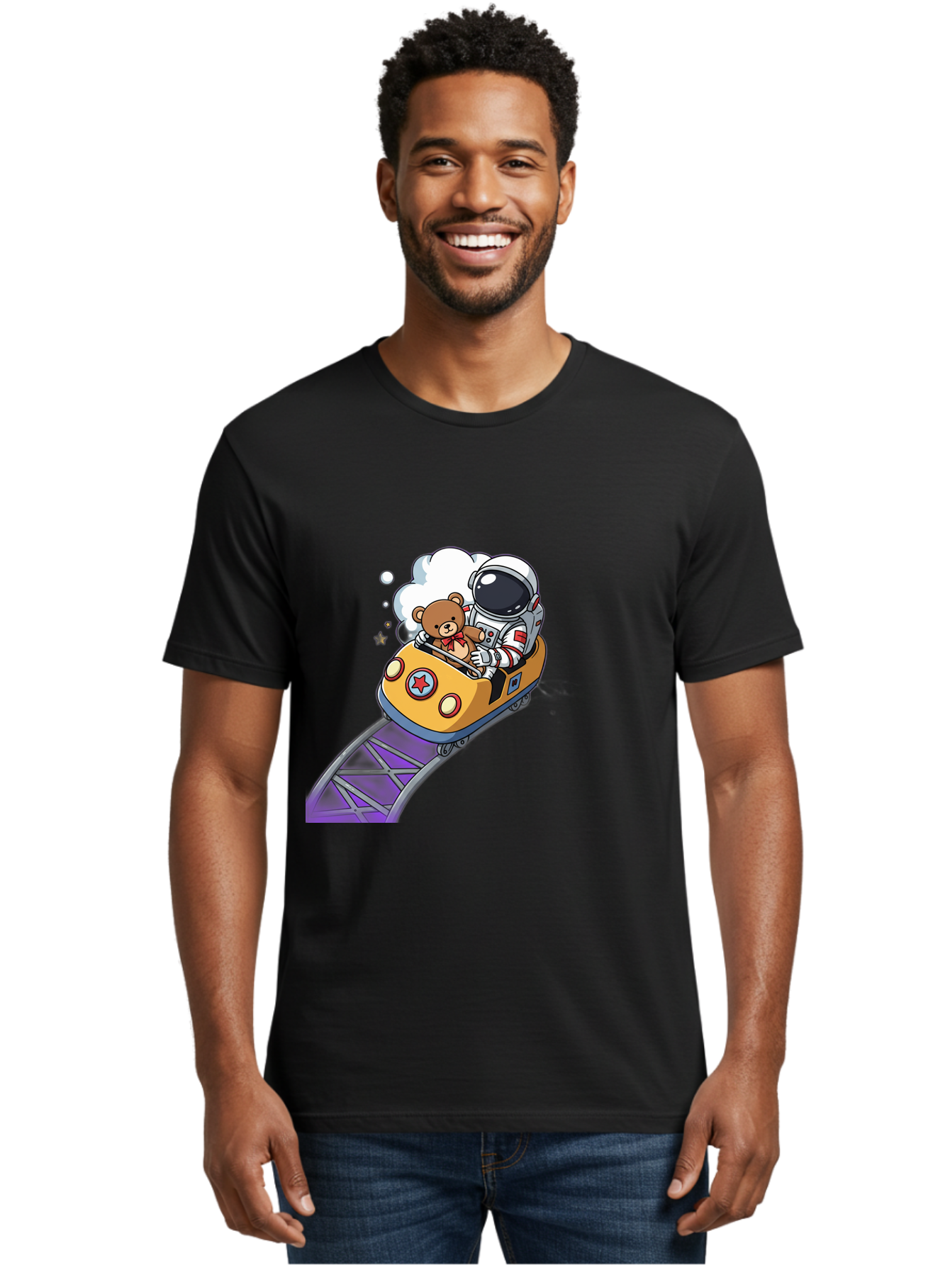 Astronaut-And-Teddy-Bear-Rollercoaster-Ride Men'S Graphic Tee, 100% Cotton, Comfortable Casual Summer Wear, Machine Washable, Vintage Camera, Old Camera, Antique Camera, Black Camera, Classic Photography, Photography Equipment, Bal726 17