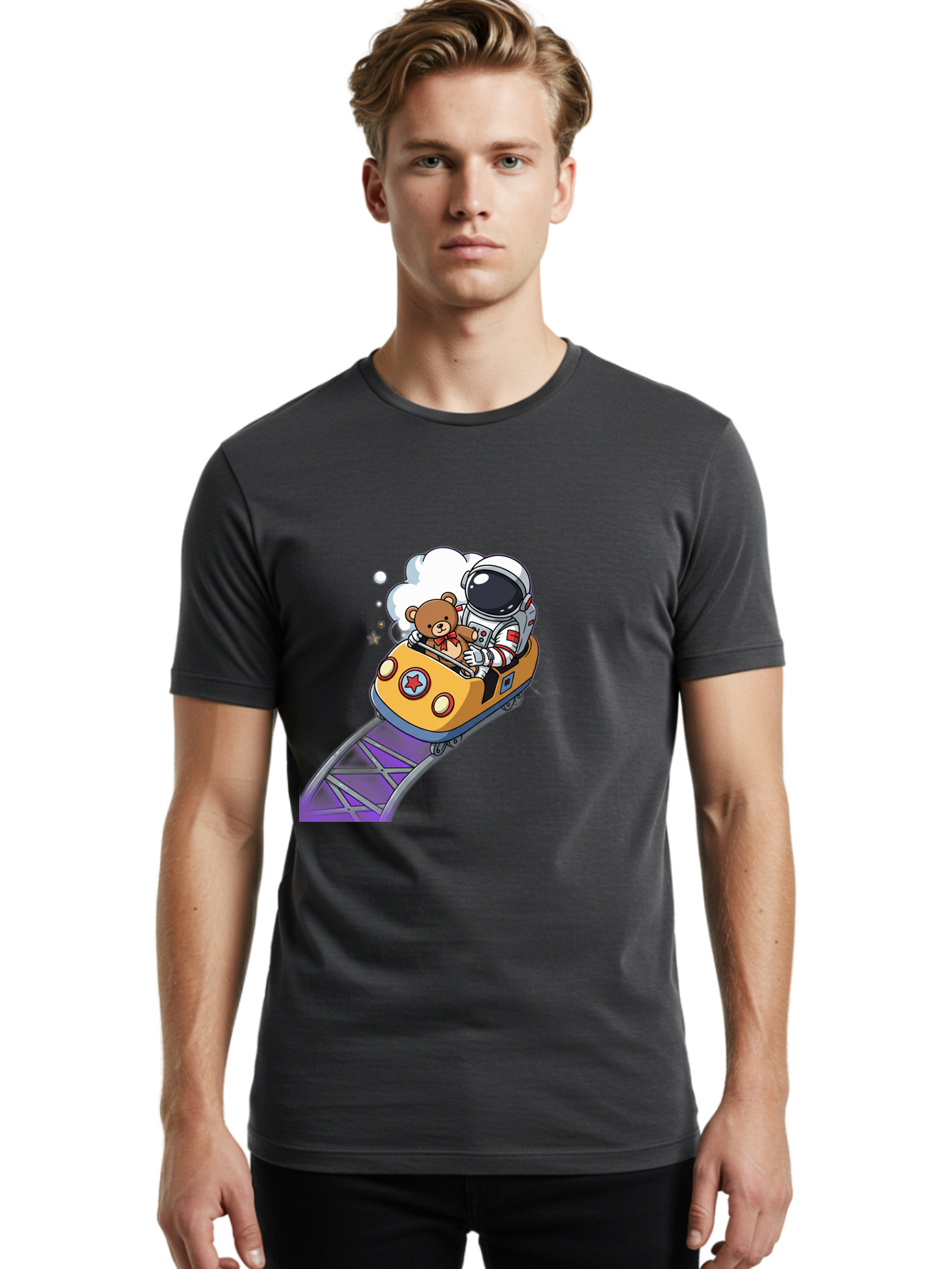 Astronaut-And-Teddy-Bear-Rollercoaster-Ride Men'S Graphic Tee, 100% Cotton, Comfortable Casual Summer Wear, Machine Washable, Vintage Camera, Old Camera, Antique Camera, Black Camera, Classic Photography, Photography Equipment, Bal726 19