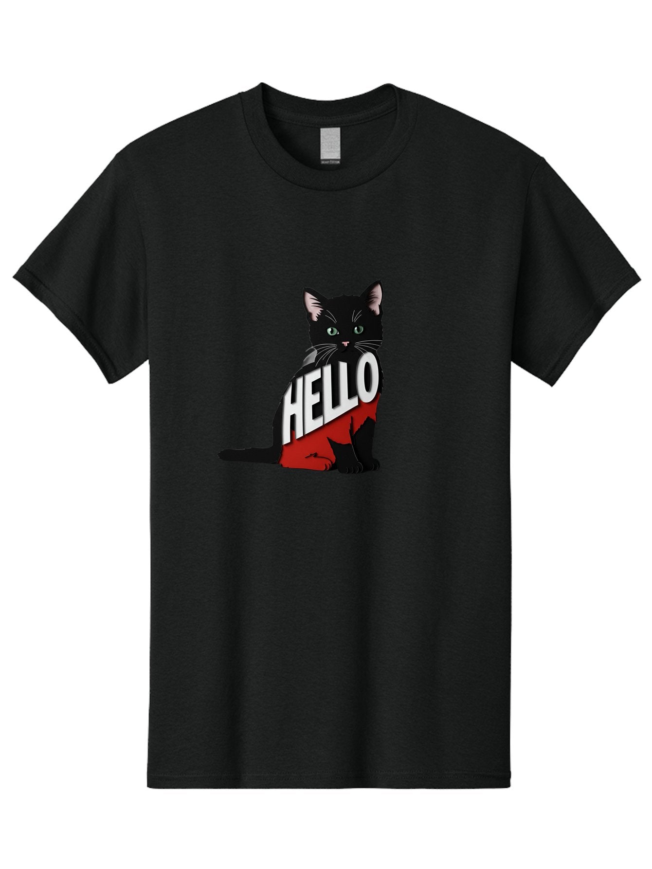 Black-Cat-With-Hello-Shirt Men'S Graphic Tee, 100% Cotton, Comfortable Casual Summer Wear, Machine Washable, Vintage Camera, Old Camera, Antique Camera, Black Camera, Classic Photography, Photography Equipment, Nostalgic Device, Film Camera, Bal811 5