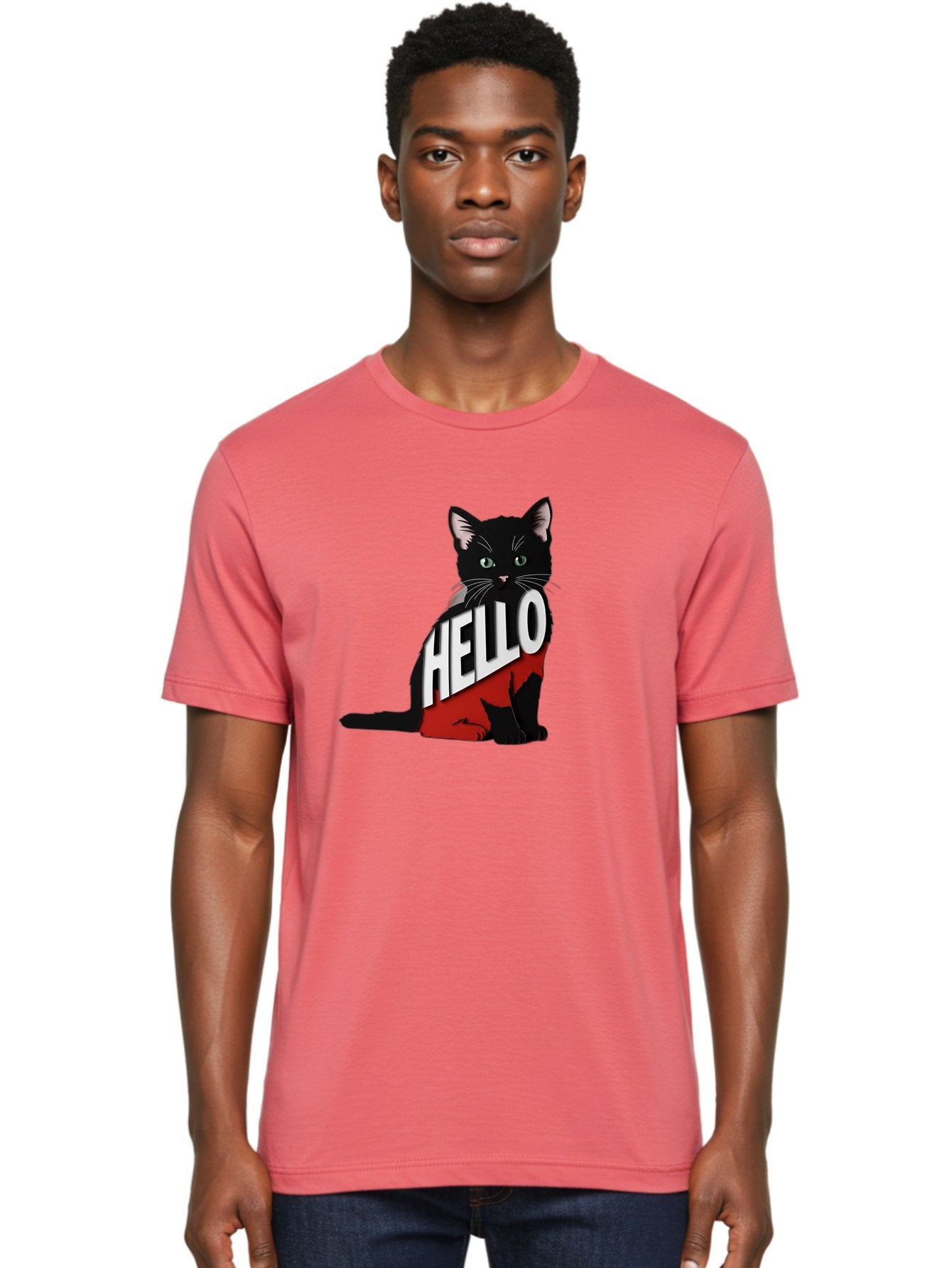 Black-Cat-With-Hello-Shirt Men'S Graphic Tee, 100% Cotton, Comfortable Casual Summer Wear, Machine Washable, Vintage Camera, Old Camera, Antique Camera, Black Camera, Classic Photography, Photography Equipment, Nostalgic Device, Film Camera, Bal811 30
