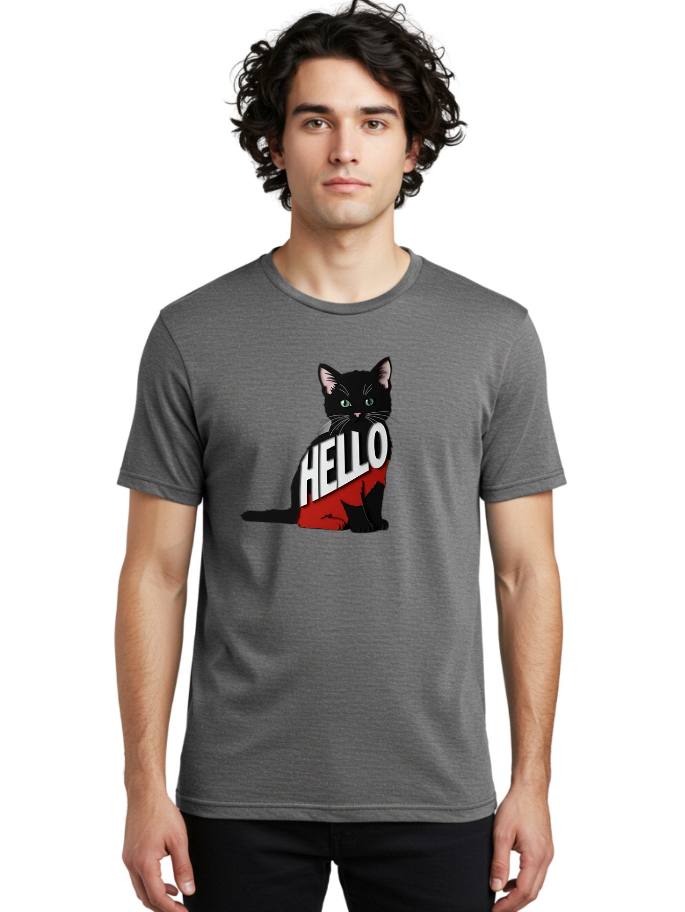 Black-Cat-With-Hello-Shirt Men'S Graphic Tee, 100% Cotton, Comfortable Casual Summer Wear, Machine Washable, Vintage Camera, Old Camera, Antique Camera, Black Camera, Classic Photography, Photography Equipment, Nostalgic Device, Film Camera, Bal811 24