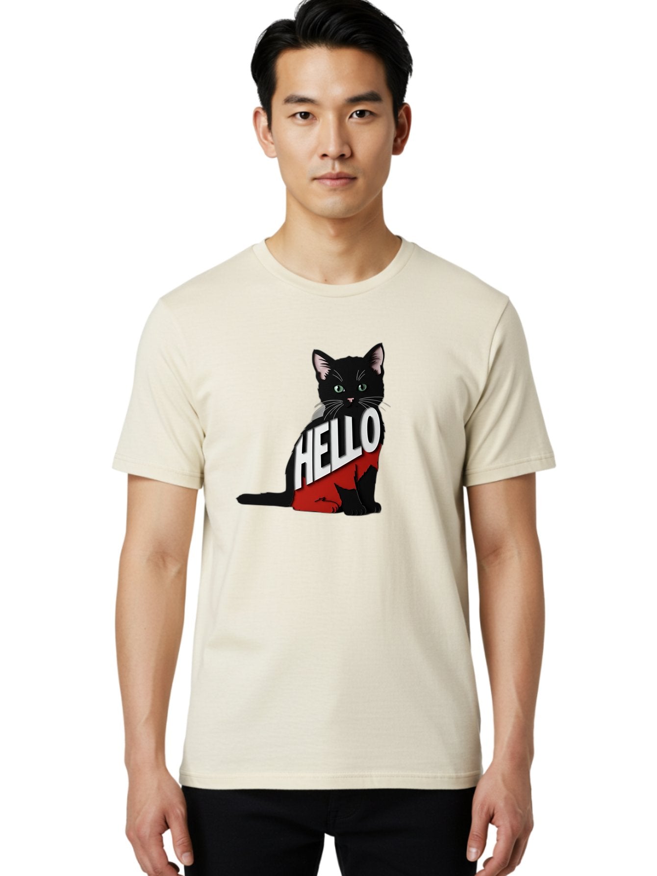 Black-Cat-With-Hello-Shirt Men'S Graphic Tee, 100% Cotton, Comfortable Casual Summer Wear, Machine Washable, Vintage Camera, Old Camera, Antique Camera, Black Camera, Classic Photography, Photography Equipment, Nostalgic Device, Film Camera, Bal811 25
