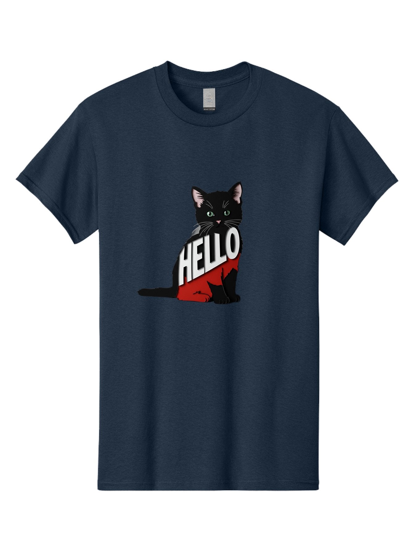 Black-Cat-With-Hello-Shirt Men'S Graphic Tee, 100% Cotton, Comfortable Casual Summer Wear, Machine Washable, Vintage Camera, Old Camera, Antique Camera, Black Camera, Classic Photography, Photography Equipment, Nostalgic Device, Film Camera, Bal811