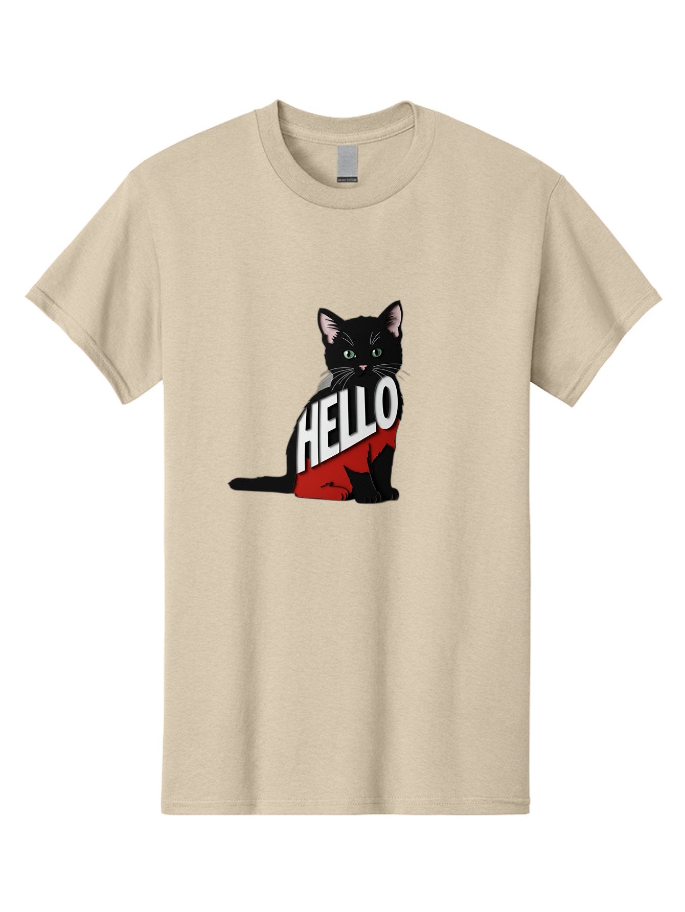 Black-Cat-With-Hello-Shirt Men'S Graphic Tee, 100% Cotton, Comfortable Casual Summer Wear, Machine Washable, Vintage Camera, Old Camera, Antique Camera, Black Camera, Classic Photography, Photography Equipment, Nostalgic Device, Film Camera, Bal811