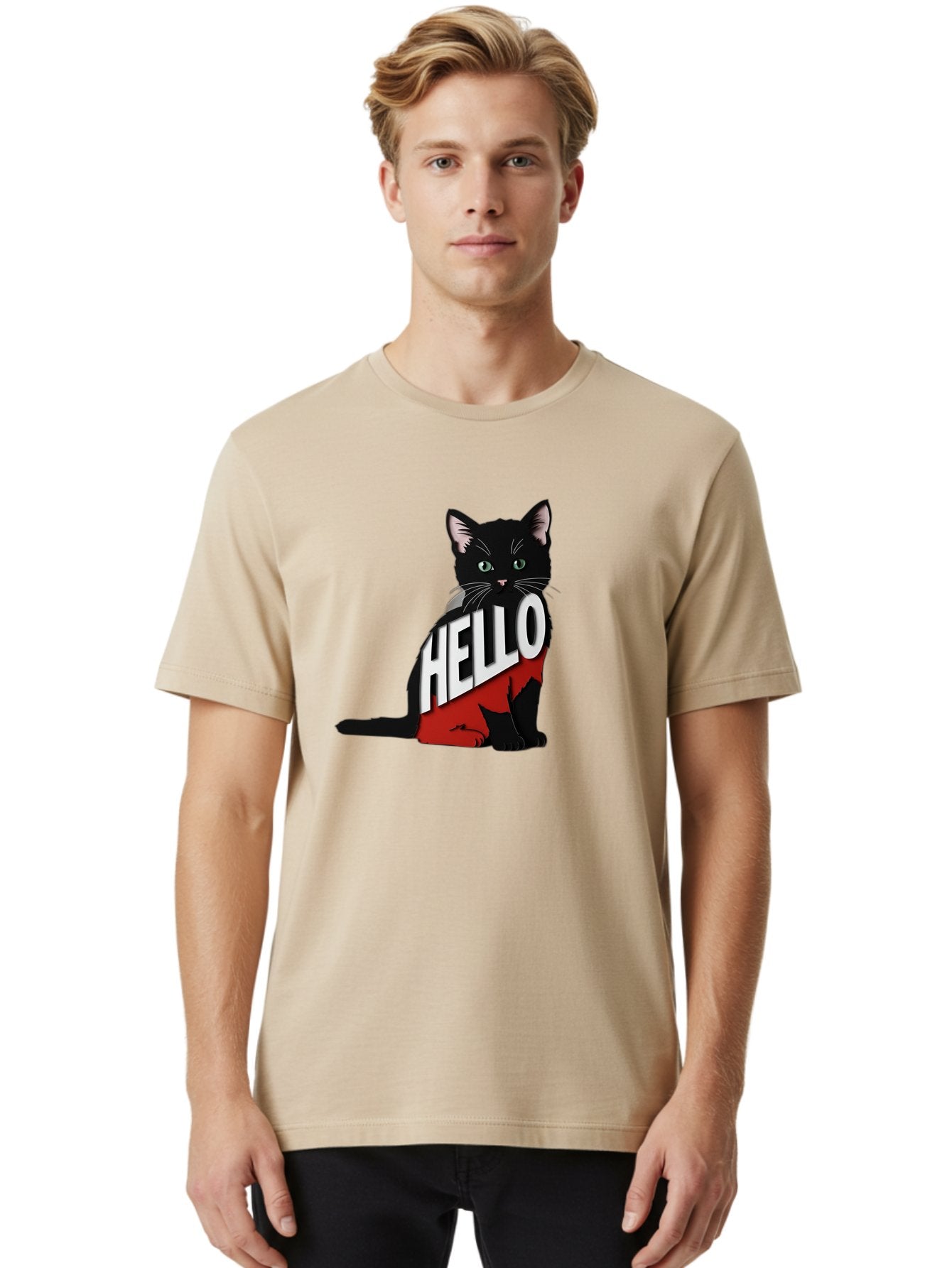 Black-Cat-With-Hello-Shirt Men'S Graphic Tee, 100% Cotton, Comfortable Casual Summer Wear, Machine Washable, Vintage Camera, Old Camera, Antique Camera, Black Camera, Classic Photography, Photography Equipment, Nostalgic Device, Film Camera, Bal811 19