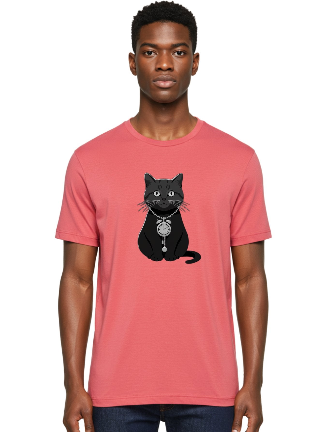 Black-Cat-With-Pocket-Watch Men'S Graphic Tee, 100% Cotton, Comfortable Casual Summer Wear, Machine Washable, Vintage Camera, Old Camera, Antique Camera, Black Camera, Classic Photography, Photography Equipment, Nostalgic Device, Film Camera, Bal812 17