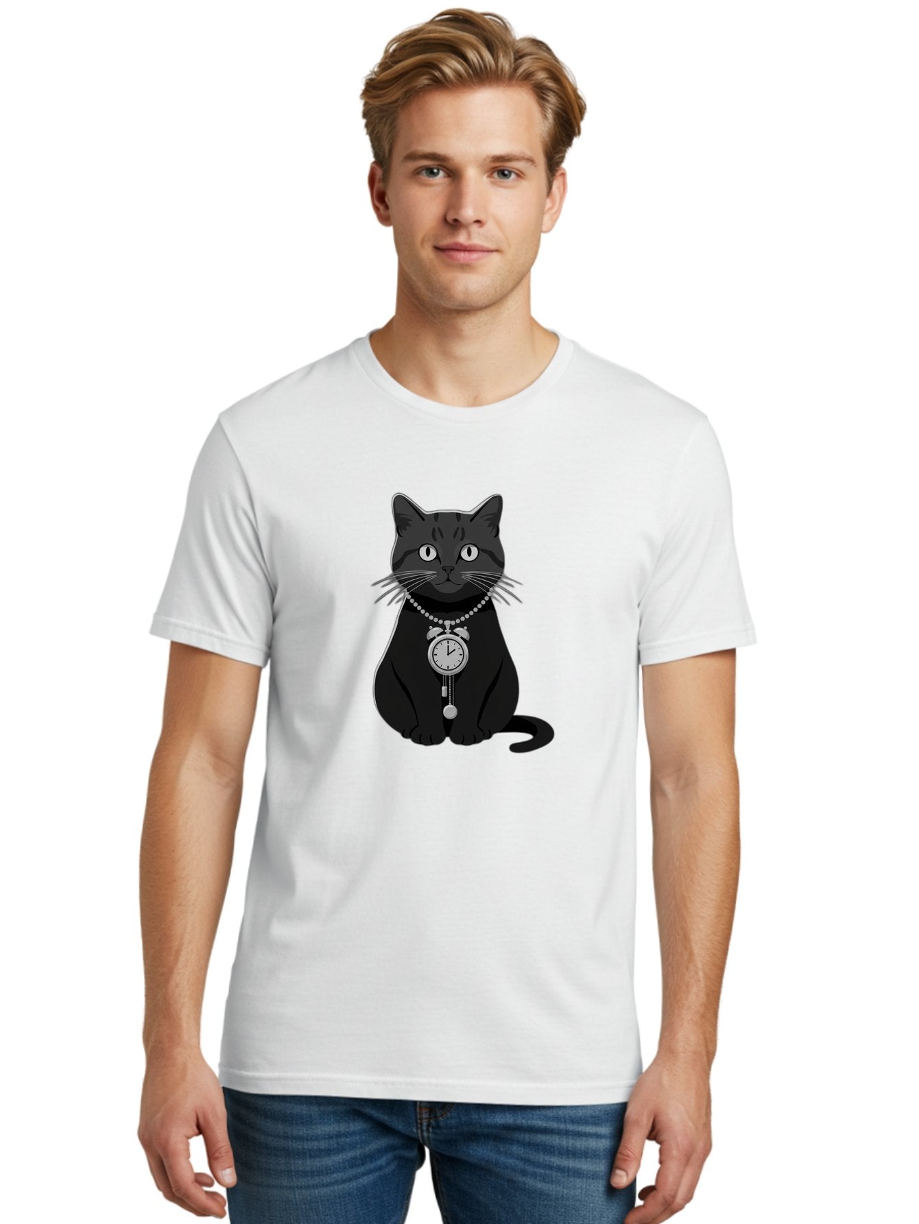 Black-Cat-With-Pocket-Watch Men'S Graphic Tee, 100% Cotton, Comfortable Casual Summer Wear, Machine Washable, Vintage Camera, Old Camera, Antique Camera, Black Camera, Classic Photography, Photography Equipment, Nostalgic Device, Film Camera, Bal812 27