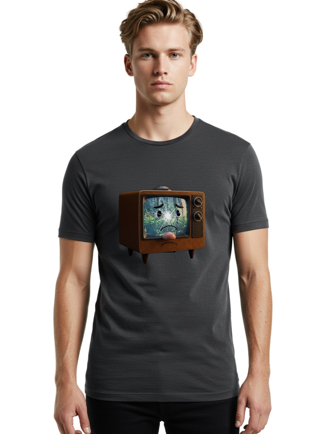 Broken-Tv-With-Frowning-Face Men'S Graphic Tee, 100% Cotton, Comfortable Casual Summer Wear, Machine Washable, Vintage Camera, Old Camera, Antique Camera, Black Camera, Classic Photography, Photography Equipment, Nostalgic Device, Film Camera, Bal882 25