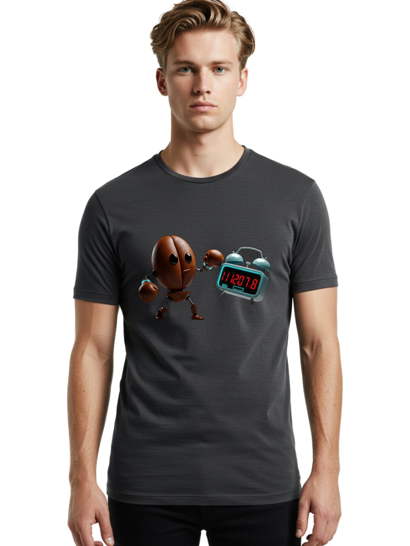 Coffee-Bean-Robot-Punching-Alarm-Clock Men'S Graphic Tee, 100% Cotton, Comfortable Casual Summer Wear, Machine Washable, Vintage Camera, Old Camera, Antique Camera, Black Camera, Classic Photography, Photography Equipment, Nostalgic Device, Bam074 24