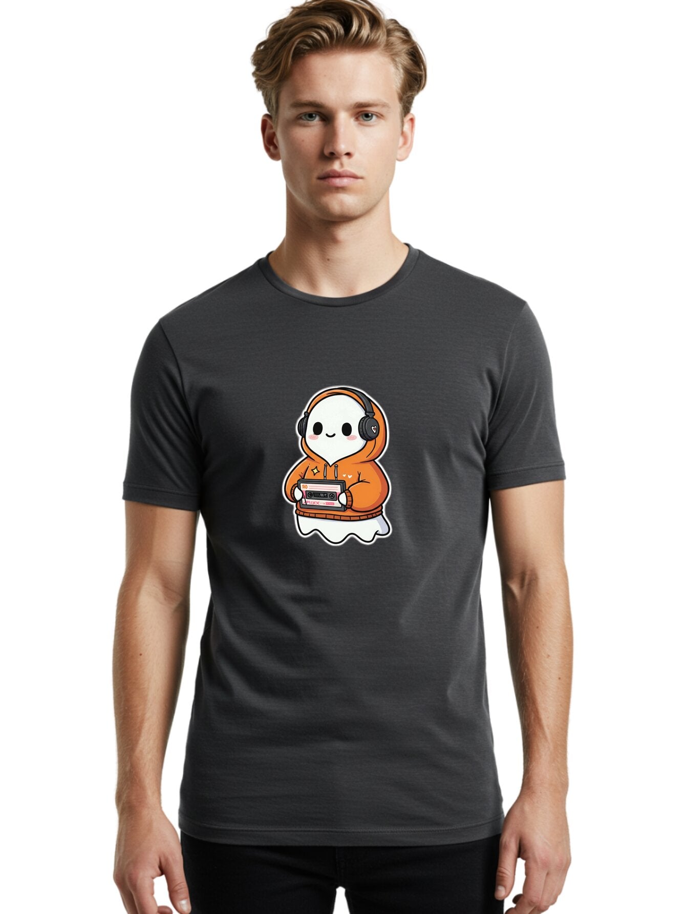 Ghost-Character-With-Cassette-Player Men'S Graphic Tee, 100% Cotton, Comfortable Casual Summer Wear, Machine Washable, Vintage Camera, Old Camera, Antique Camera, Black Camera, Classic Photography, Photography Equipment, Nostalgic Device, Bam512 27
