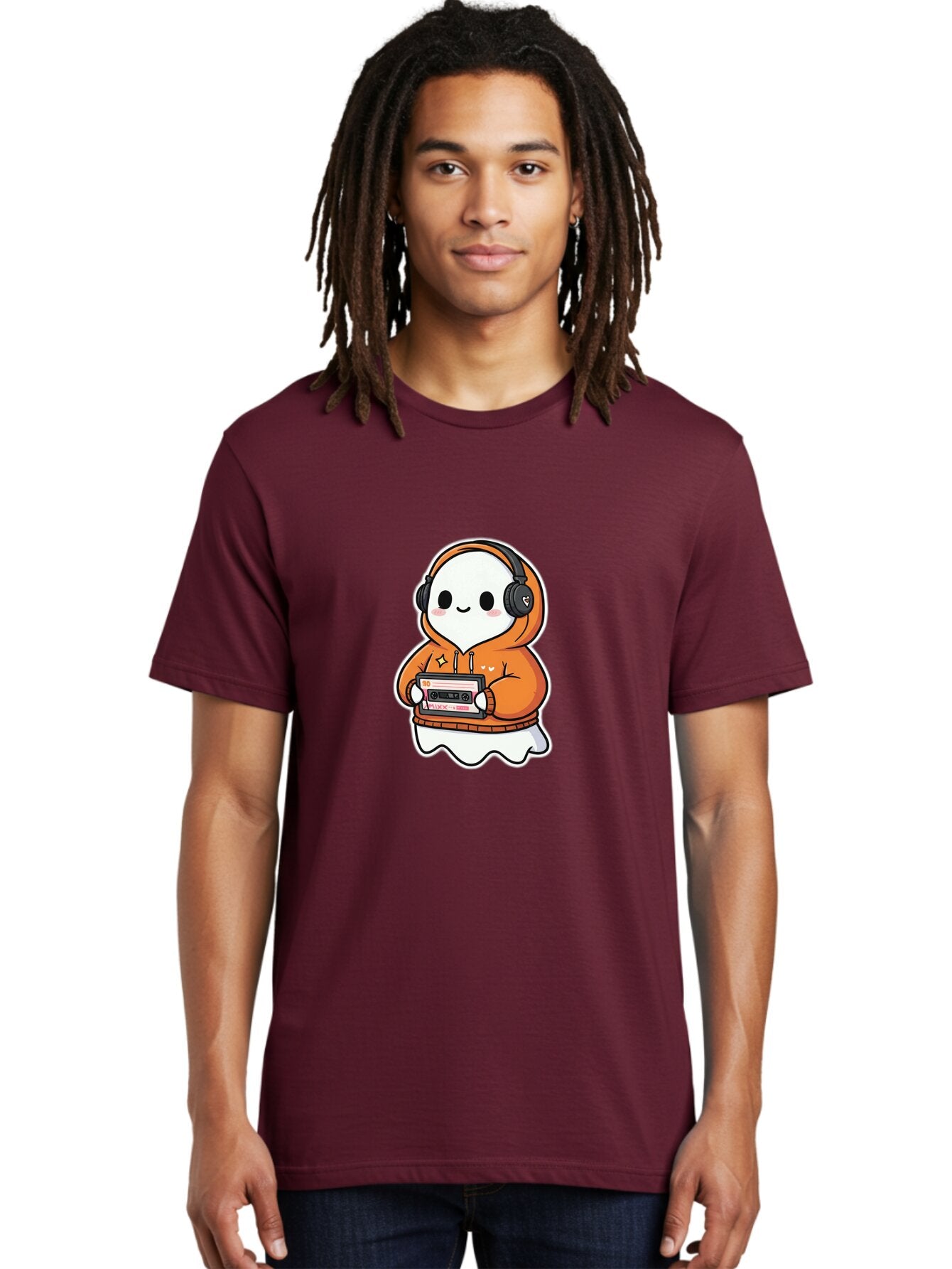 Ghost-Character-With-Cassette-Player Men'S Graphic Tee, 100% Cotton, Comfortable Casual Summer Wear, Machine Washable, Vintage Camera, Old Camera, Antique Camera, Black Camera, Classic Photography, Photography Equipment, Nostalgic Device, Bam512 17