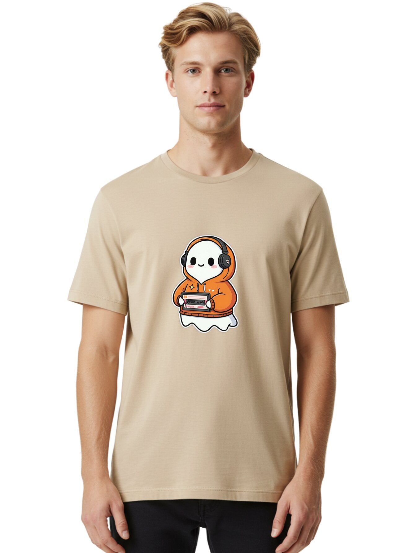 Ghost-Character-With-Cassette-Player Men'S Graphic Tee, 100% Cotton, Comfortable Casual Summer Wear, Machine Washable, Vintage Camera, Old Camera, Antique Camera, Black Camera, Classic Photography, Photography Equipment, Nostalgic Device, Bam512 26