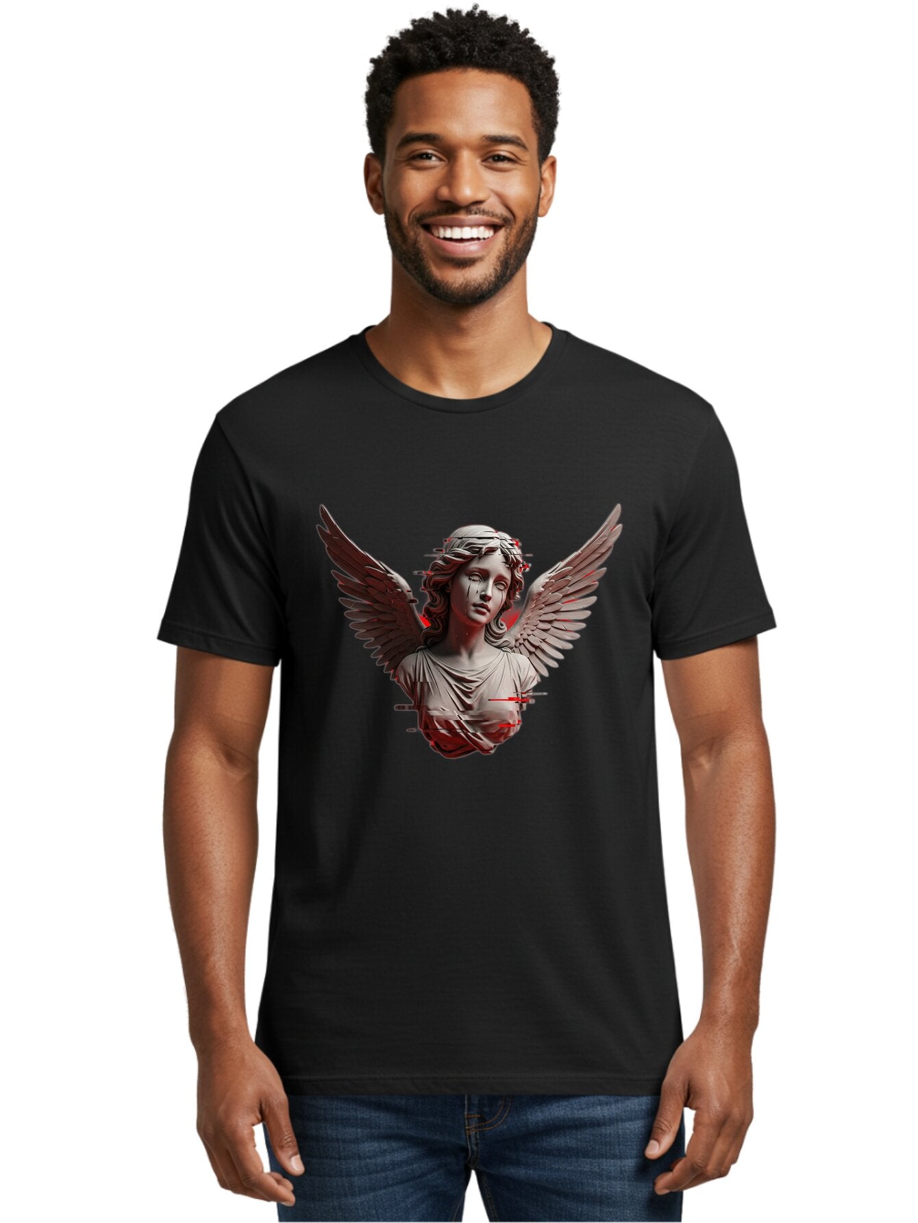 Glitch-Angel-Statue Men'S Graphic Tee, 100% Cotton, Comfortable Casual Summer Wear, Machine Washable, Vintage Camera, Old Camera, Antique Camera, Black Camera, Classic Photography, Photography Equipment, Nostalgic Device, Film Camera, Bam548 30