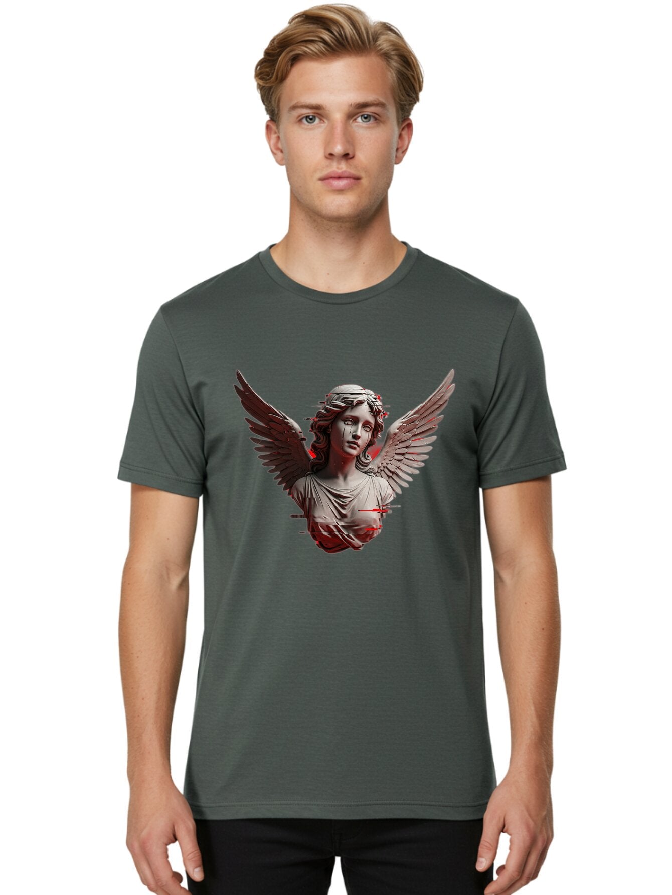 Glitch-Angel-Statue Men'S Graphic Tee, 100% Cotton, Comfortable Casual Summer Wear, Machine Washable, Vintage Camera, Old Camera, Antique Camera, Black Camera, Classic Photography, Photography Equipment, Nostalgic Device, Film Camera, Bam548 17