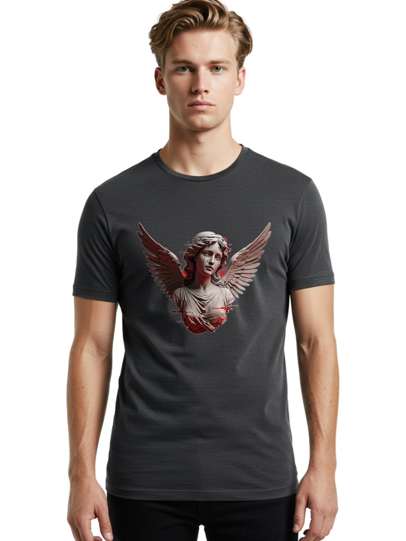 Glitch-Angel-Statue Men'S Graphic Tee, 100% Cotton, Comfortable Casual Summer Wear, Machine Washable, Vintage Camera, Old Camera, Antique Camera, Black Camera, Classic Photography, Photography Equipment, Nostalgic Device, Film Camera, Bam548 22