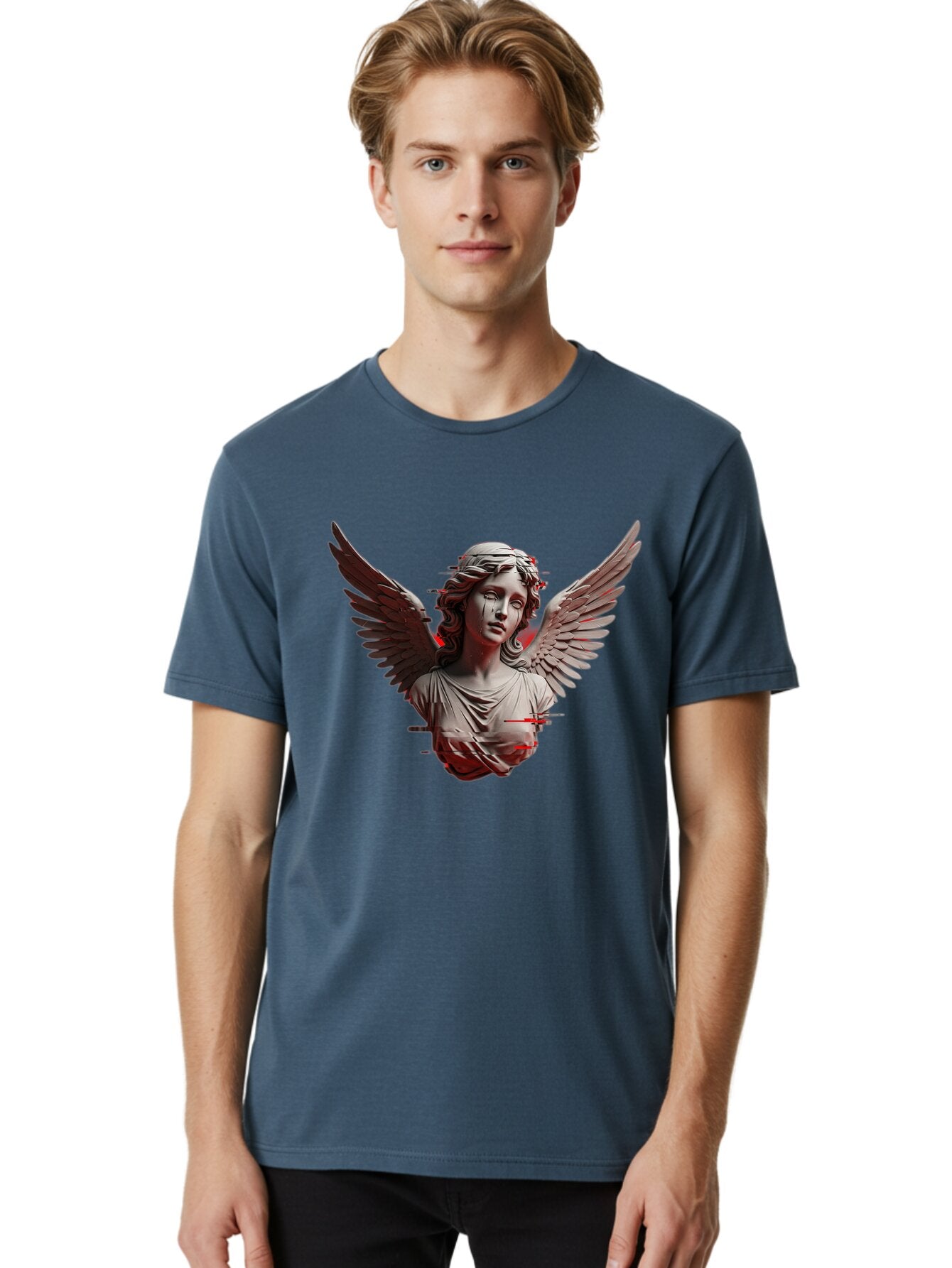 Glitch-Angel-Statue Men'S Graphic Tee, 100% Cotton, Comfortable Casual Summer Wear, Machine Washable, Vintage Camera, Old Camera, Antique Camera, Black Camera, Classic Photography, Photography Equipment, Nostalgic Device, Film Camera, Bam548 24