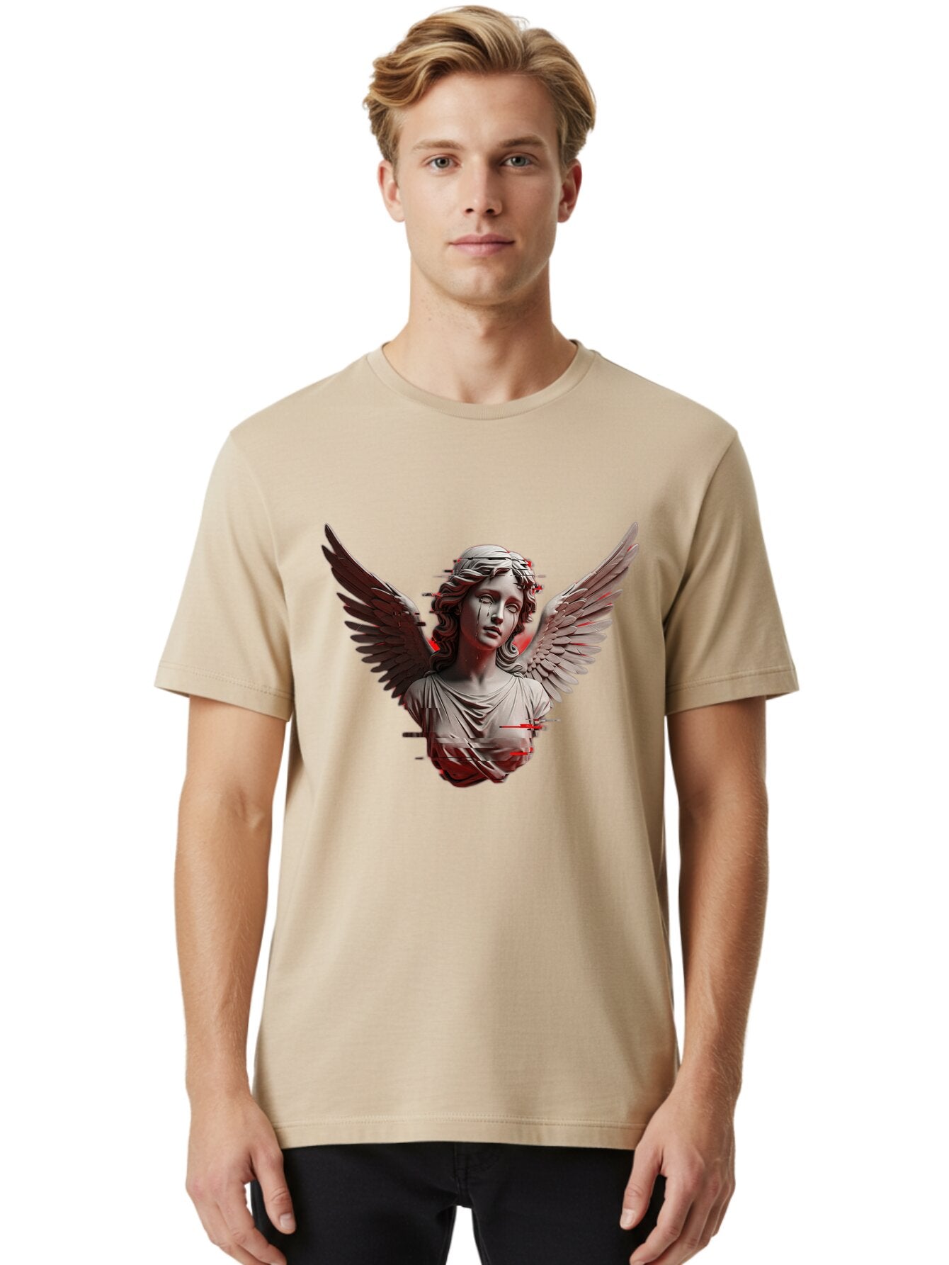 Glitch-Angel-Statue Men'S Graphic Tee, 100% Cotton, Comfortable Casual Summer Wear, Machine Washable, Vintage Camera, Old Camera, Antique Camera, Black Camera, Classic Photography, Photography Equipment, Nostalgic Device, Film Camera, Bam548 18