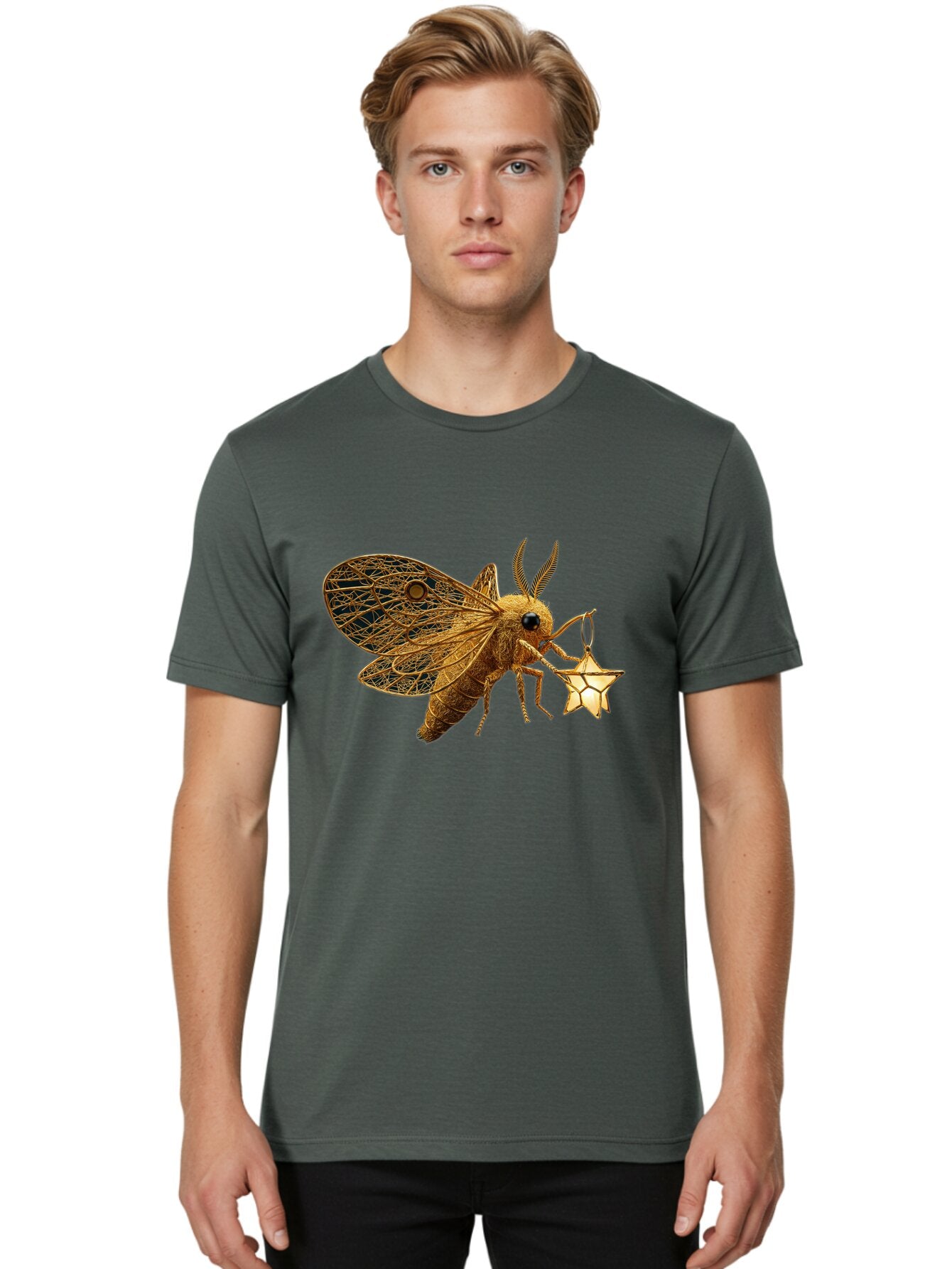Golden-Bee-Holding-Star Men'S Graphic Tee, 100% Cotton, Comfortable Casual Summer Wear, Machine Washable, Vintage Camera, Old Camera, Antique Camera, Black Camera, Classic Photography, Photography Equipment, Nostalgic Device, Film Camera, Bam557 18