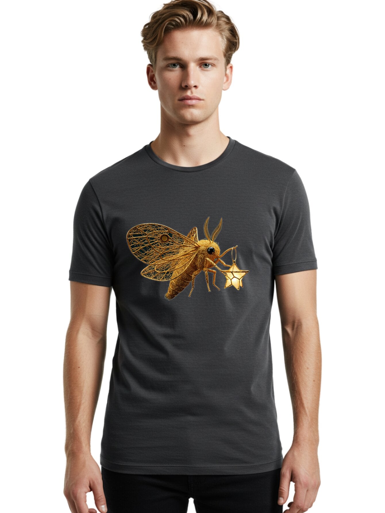 Golden-Bee-Holding-Star Men'S Graphic Tee, 100% Cotton, Comfortable Casual Summer Wear, Machine Washable, Vintage Camera, Old Camera, Antique Camera, Black Camera, Classic Photography, Photography Equipment, Nostalgic Device, Film Camera, Bam557 19