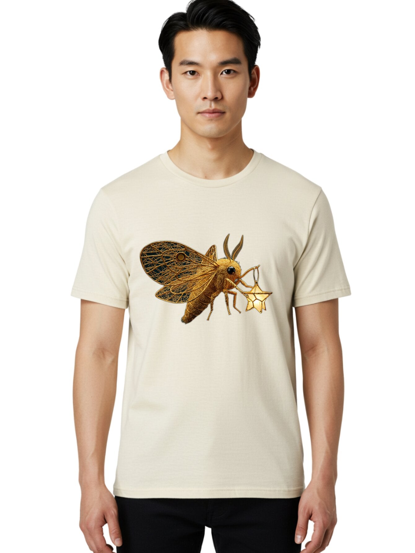 Golden-Bee-Holding-Star Men'S Graphic Tee, 100% Cotton, Comfortable Casual Summer Wear, Machine Washable, Vintage Camera, Old Camera, Antique Camera, Black Camera, Classic Photography, Photography Equipment, Nostalgic Device, Film Camera, Bam557 16