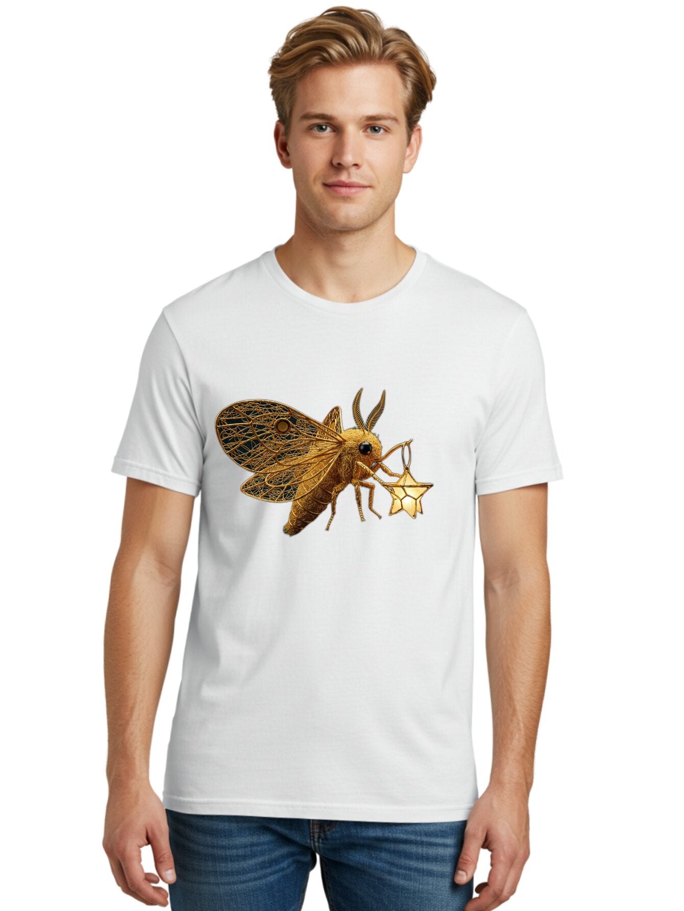 Golden-Bee-Holding-Star Men'S Graphic Tee, 100% Cotton, Comfortable Casual Summer Wear, Machine Washable, Vintage Camera, Old Camera, Antique Camera, Black Camera, Classic Photography, Photography Equipment, Nostalgic Device, Film Camera, Bam557 29