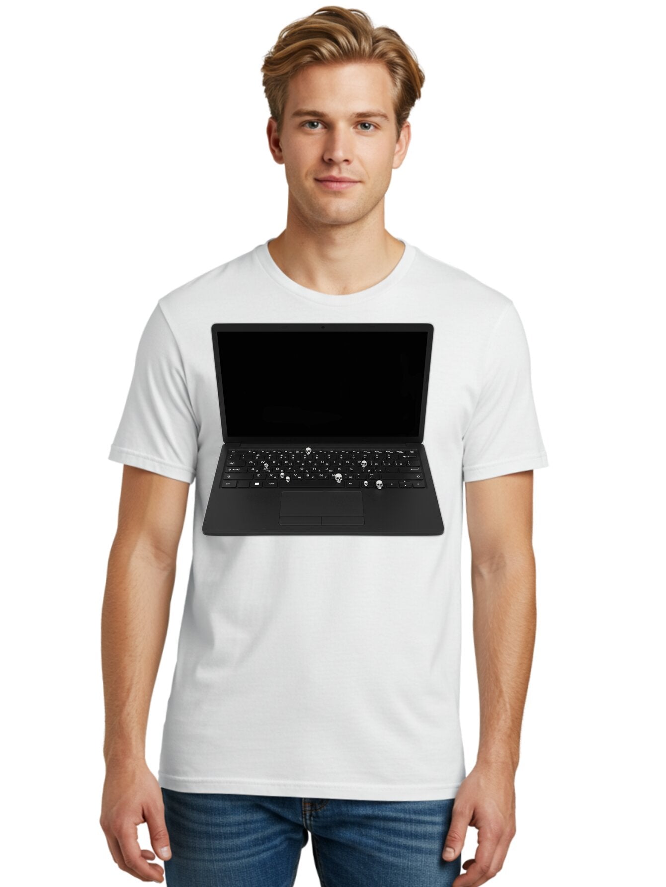 Laptop-With-Skull-Keys Men'S Graphic Tee, 100% Cotton, Comfortable Casual Summer Wear, Machine Washable, Vintage Camera, Old Camera, Antique Camera, Black Camera, Classic Photography, Photography Equipment, Nostalgic Device, Film Camera, Bam730 16