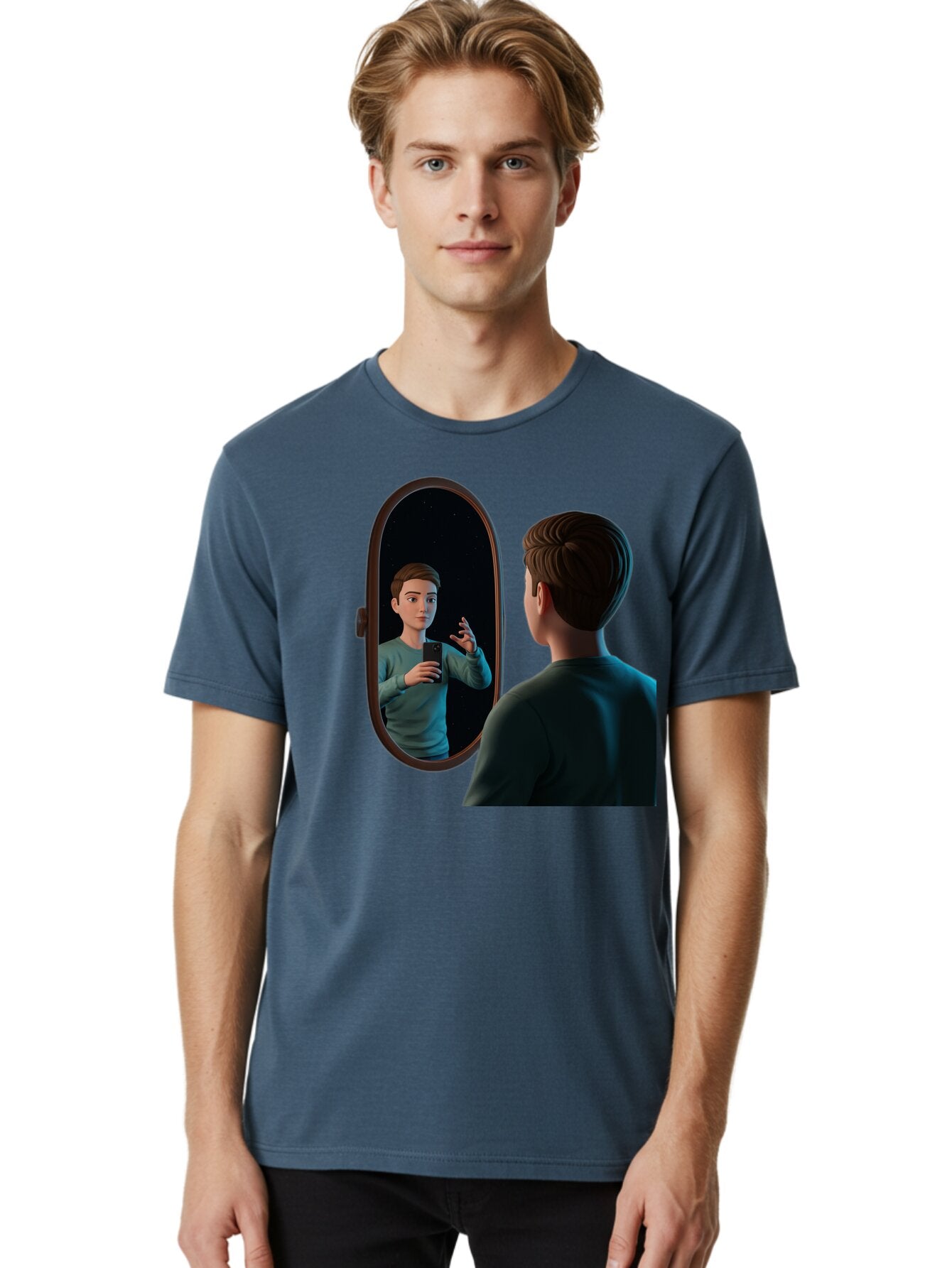 Man-Looking-Into-Mirror Men'S Graphic Tee, 100% Cotton, Comfortable Casual Summer Wear, Machine Washable, Vintage Camera, Old Camera, Antique Camera, Black Camera, Classic Photography, Photography Equipment, Nostalgic Device, Film Camera, Bam828 25