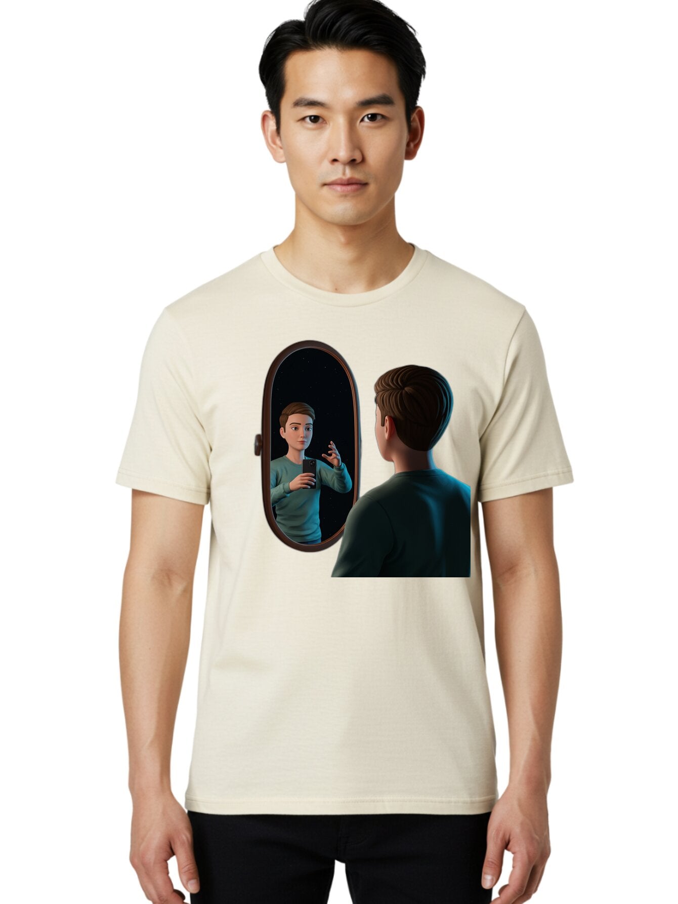 Man-Looking-Into-Mirror Men'S Graphic Tee, 100% Cotton, Comfortable Casual Summer Wear, Machine Washable, Vintage Camera, Old Camera, Antique Camera, Black Camera, Classic Photography, Photography Equipment, Nostalgic Device, Film Camera, Bam828 27