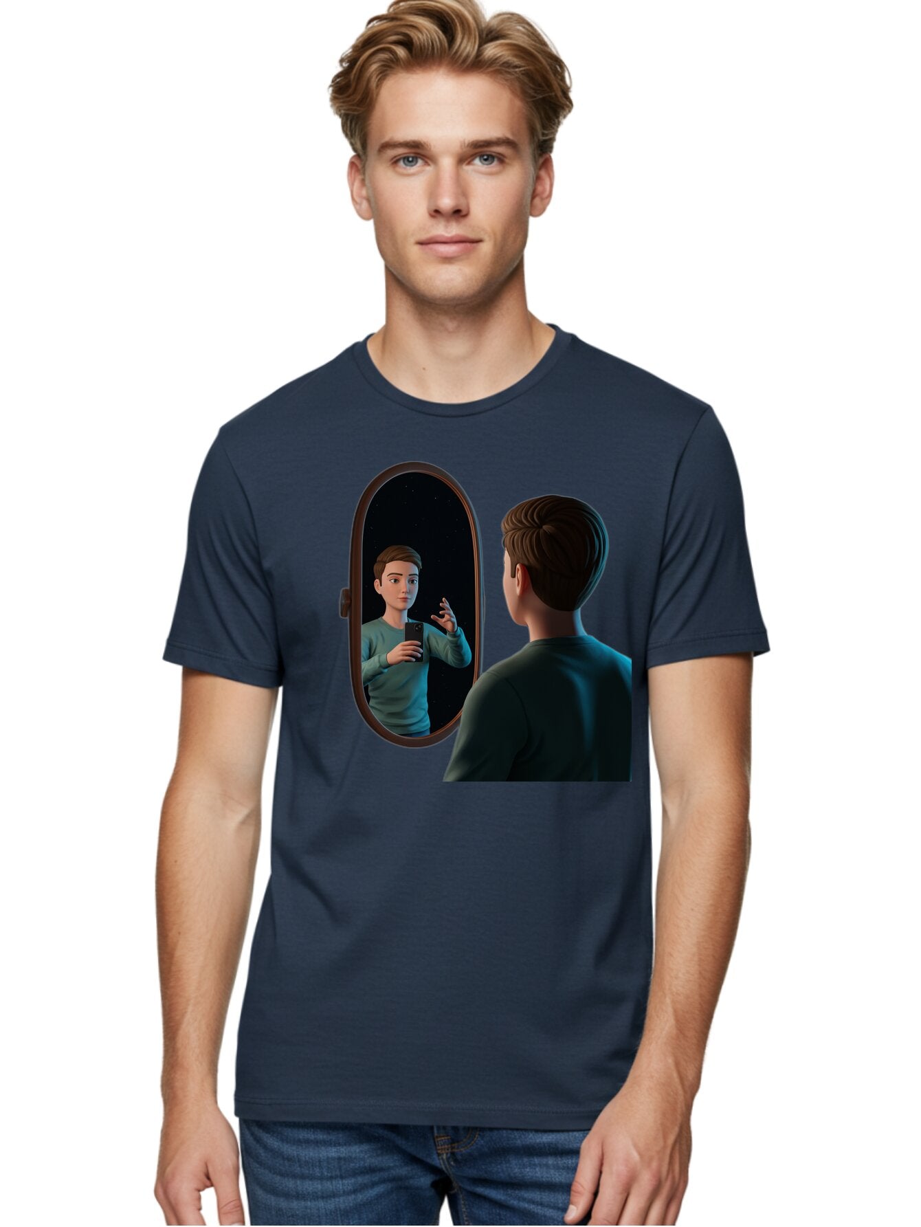 Man-Looking-Into-Mirror Men'S Graphic Tee, 100% Cotton, Comfortable Casual Summer Wear, Machine Washable, Vintage Camera, Old Camera, Antique Camera, Black Camera, Classic Photography, Photography Equipment, Nostalgic Device, Film Camera, Bam828 29