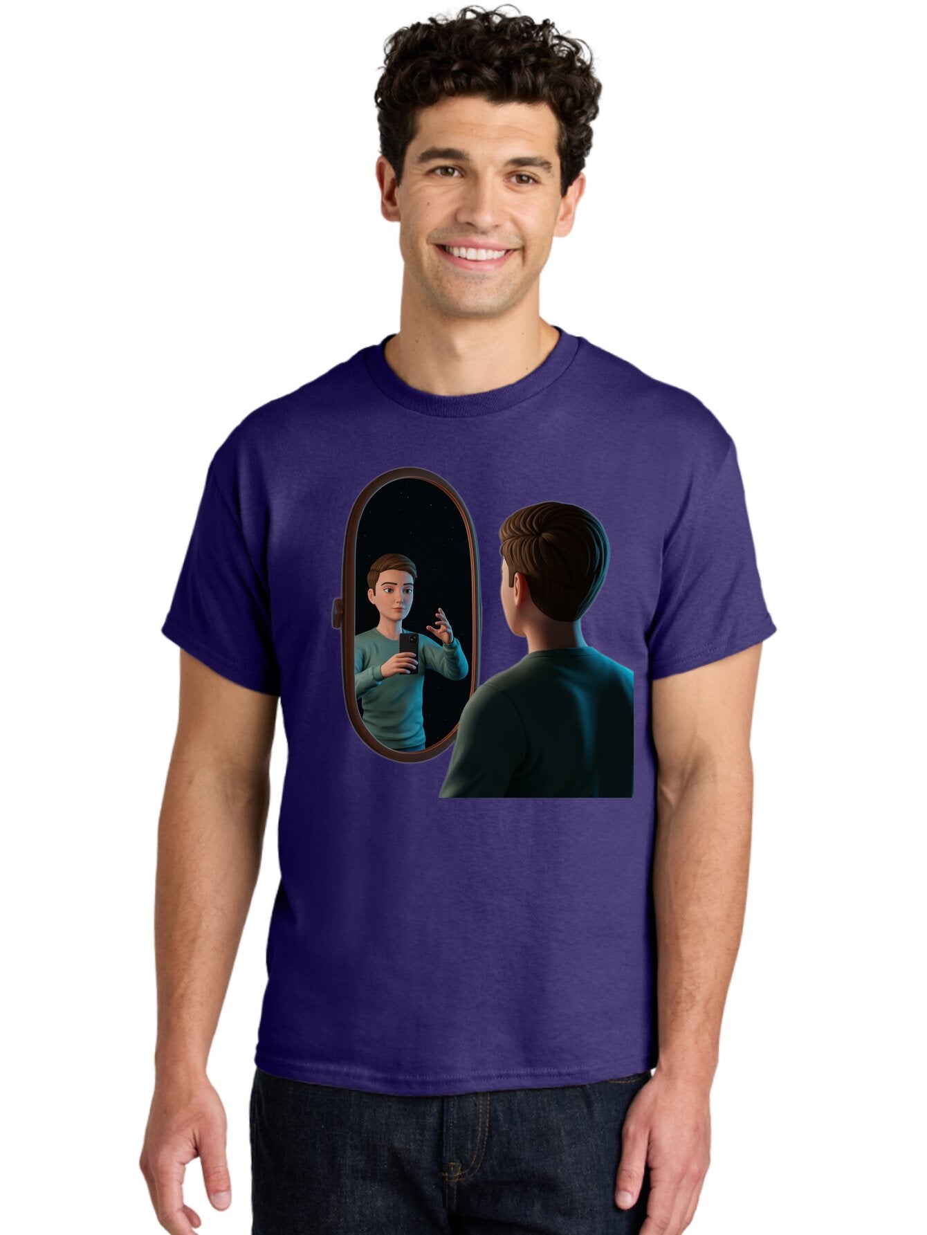 Man-Looking-Into-Mirror Men'S Graphic Tee, 100% Cotton, Comfortable Casual Summer Wear, Machine Washable, Vintage Camera, Old Camera, Antique Camera, Black Camera, Classic Photography, Photography Equipment, Nostalgic Device, Film Camera, Bam828 21