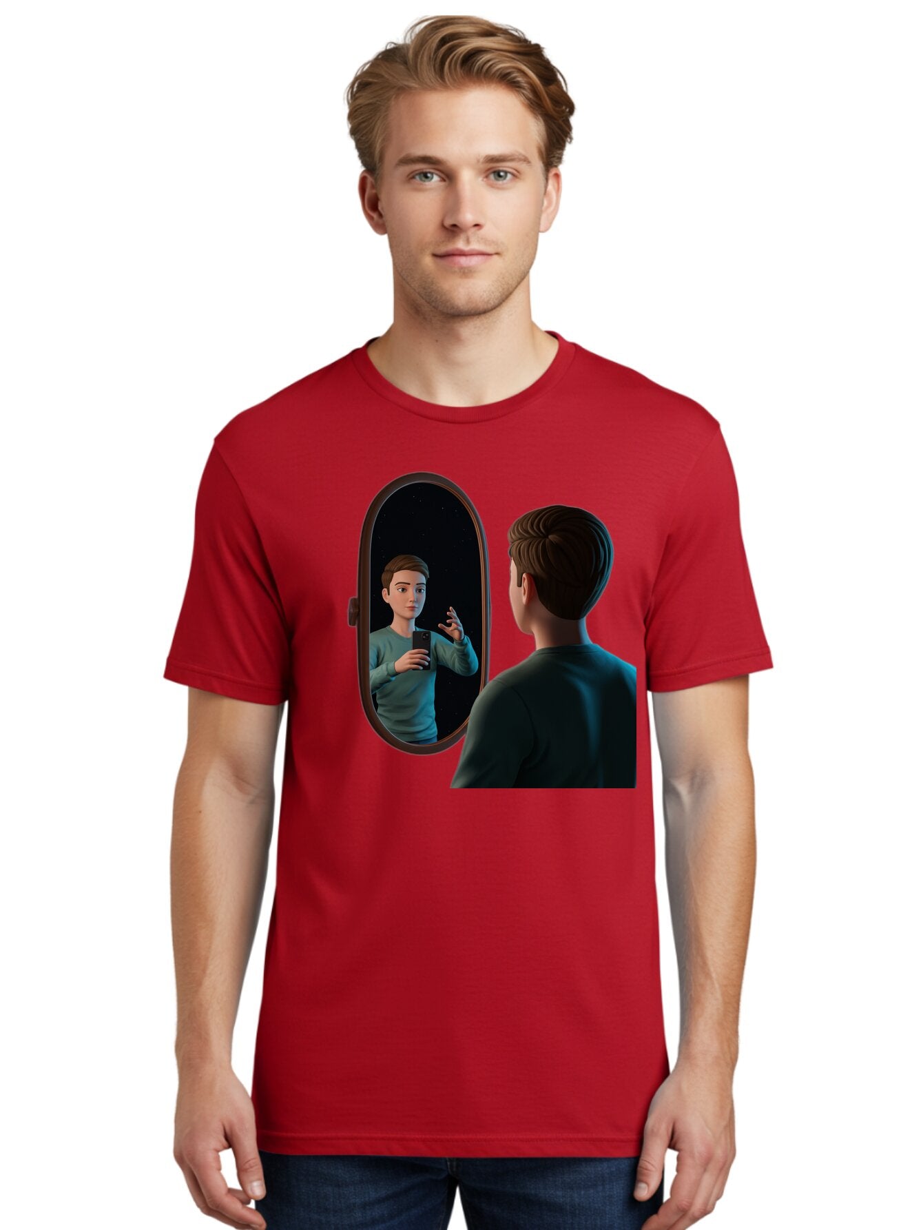 Man-Looking-Into-Mirror Men'S Graphic Tee, 100% Cotton, Comfortable Casual Summer Wear, Machine Washable, Vintage Camera, Old Camera, Antique Camera, Black Camera, Classic Photography, Photography Equipment, Nostalgic Device, Film Camera, Bam828 16