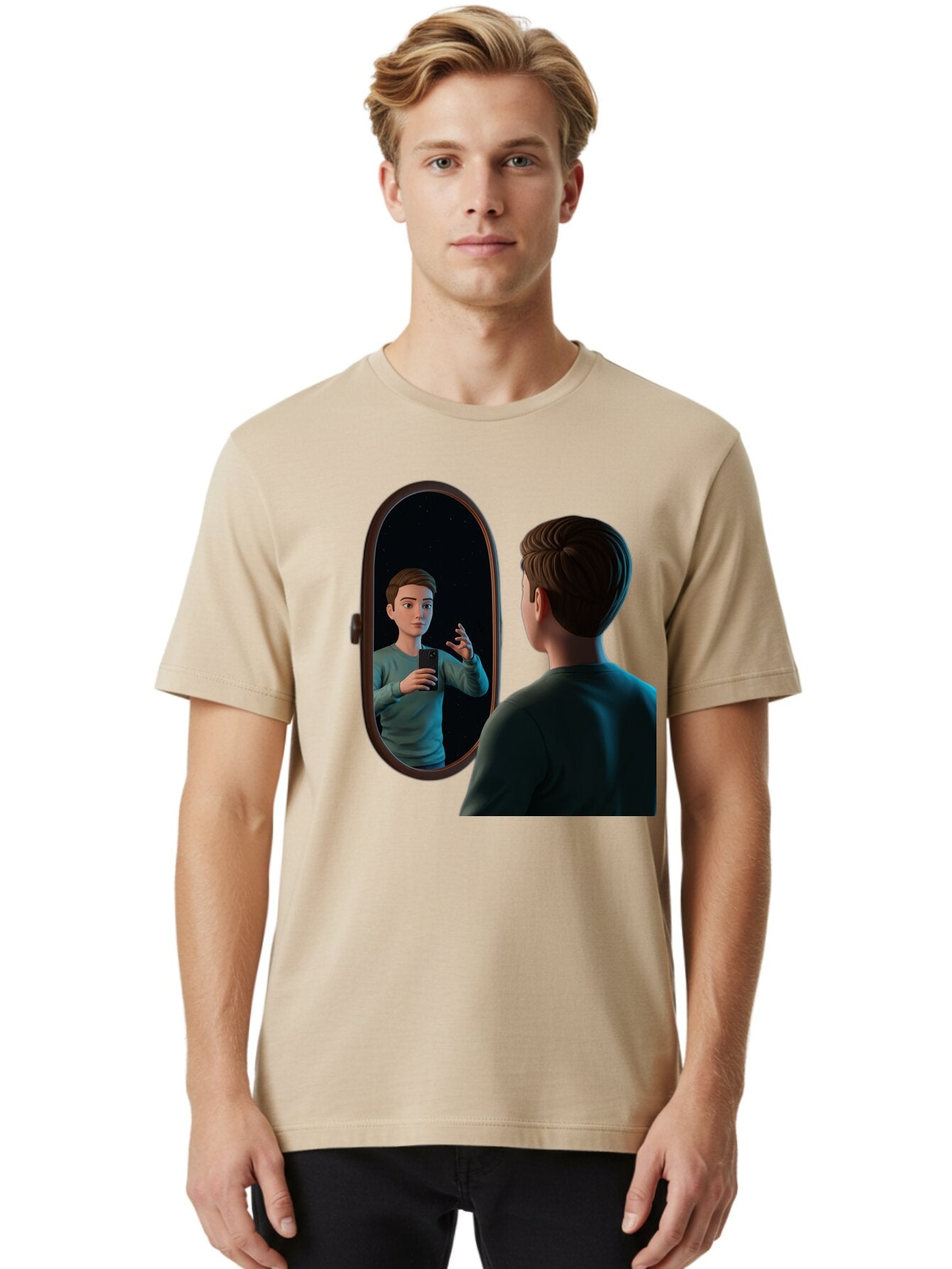 Man-Looking-Into-Mirror Men'S Graphic Tee, 100% Cotton, Comfortable Casual Summer Wear, Machine Washable, Vintage Camera, Old Camera, Antique Camera, Black Camera, Classic Photography, Photography Equipment, Nostalgic Device, Film Camera, Bam828 23