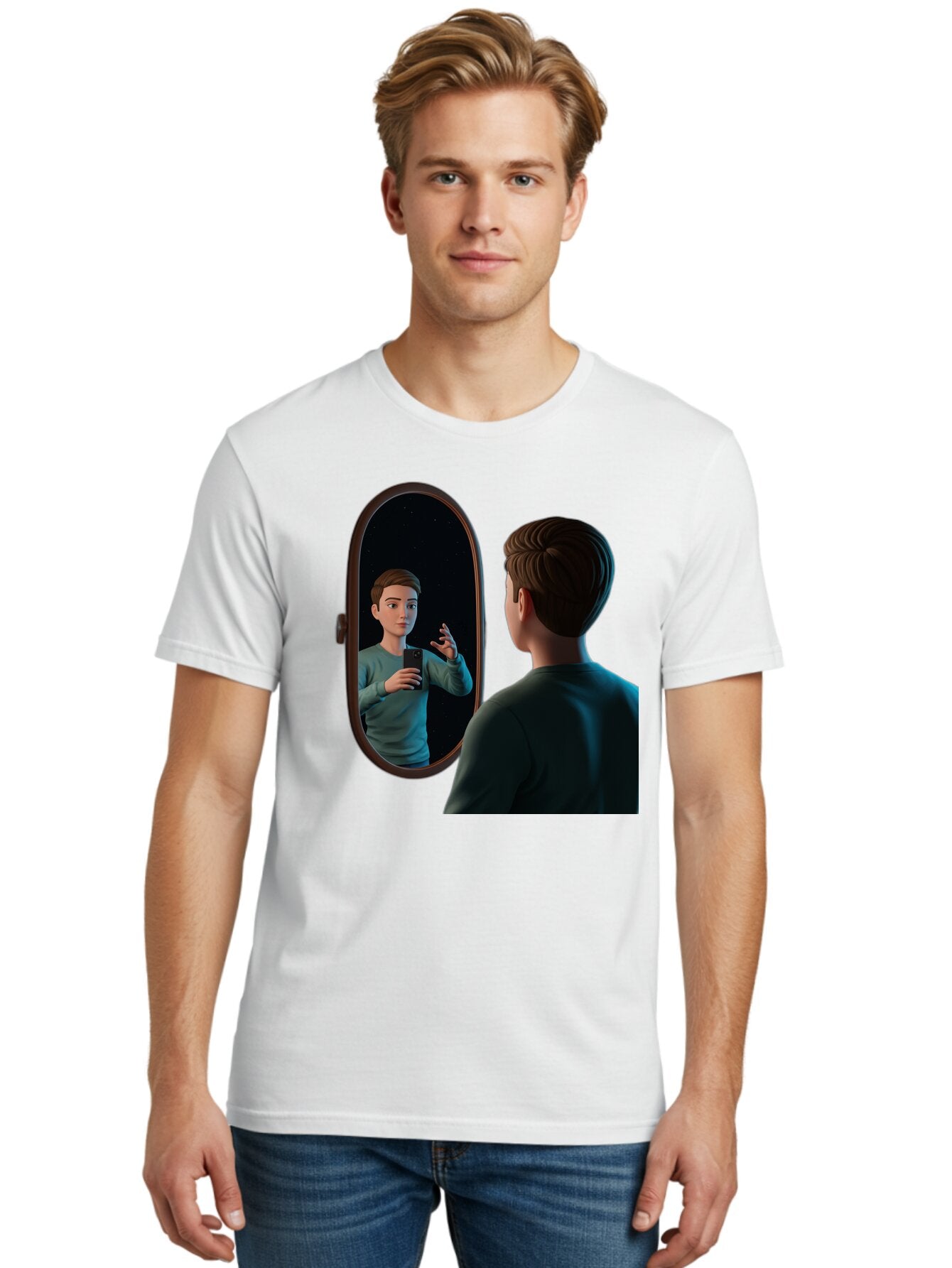 Man-Looking-Into-Mirror Men'S Graphic Tee, 100% Cotton, Comfortable Casual Summer Wear, Machine Washable, Vintage Camera, Old Camera, Antique Camera, Black Camera, Classic Photography, Photography Equipment, Nostalgic Device, Film Camera, Bam828 17